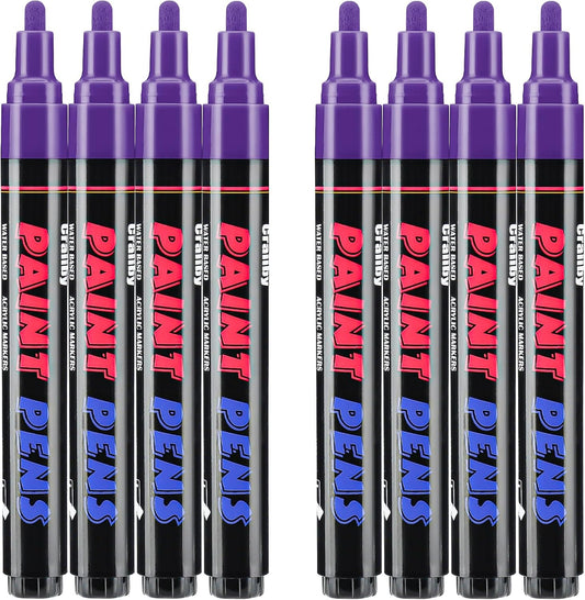 Purple Paint Pens Paint Markers - 8 Pack Permanent Quick Dry Waterproof Marker Pens for Rocks Wood Fabric Plastic Canvas Glass Mugs Metal Tire Stone