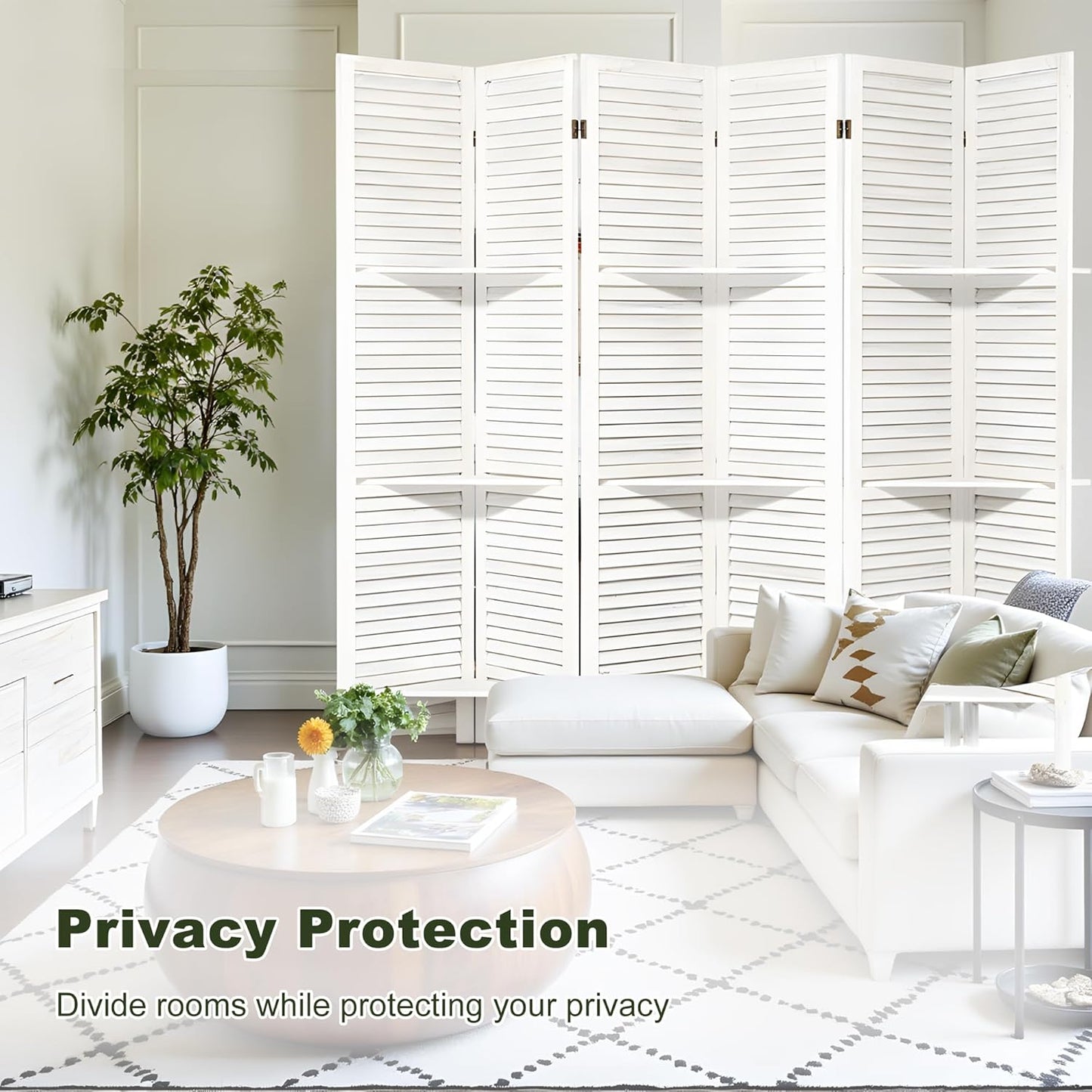 NicBex 6 Panel Room Divider 5.6FT Louvered Design Room Dividers with Display Storage Shelves Folding Privacy Screens Portable Freestanding Partition Wall Dividers for Home Bedroom Office, White