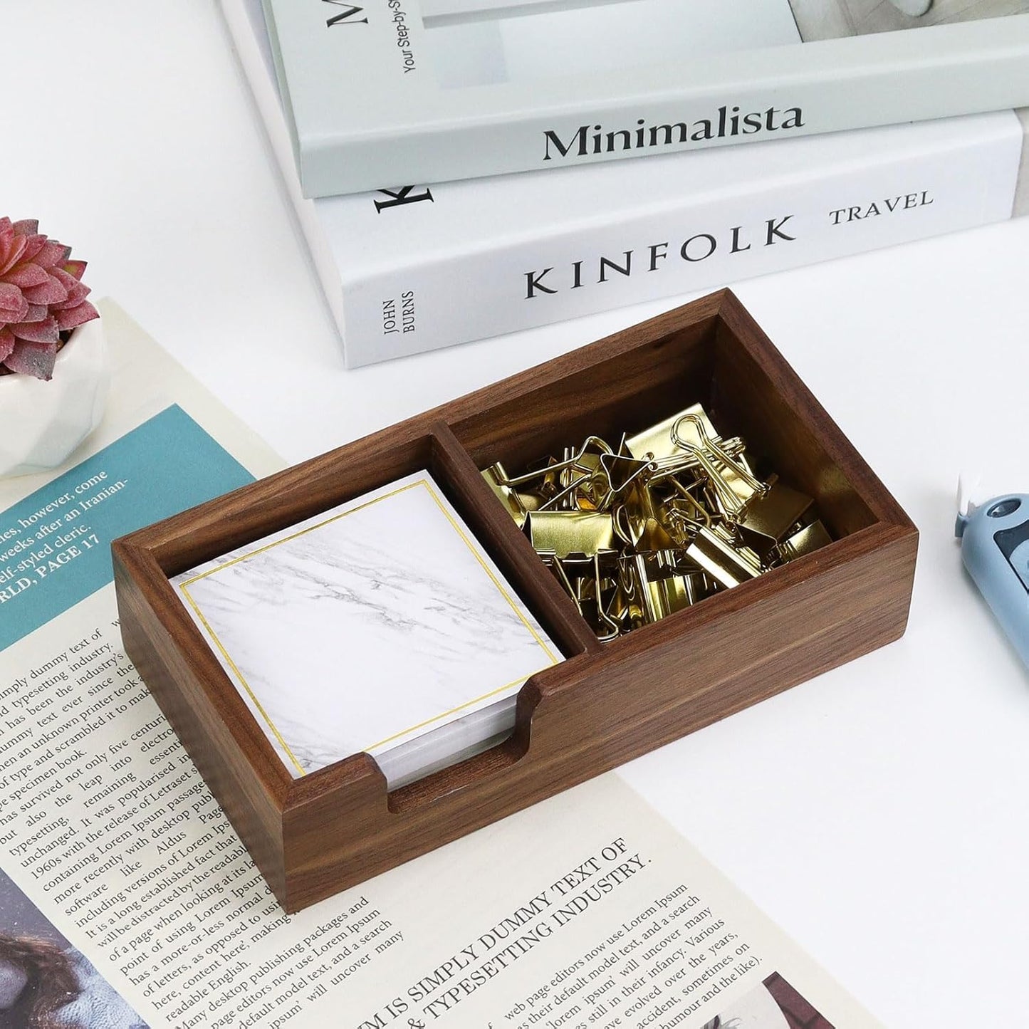 MultiBey Walnut Sticky Note Holder for Desk - 2-in-1 Organizer with Paper Clip Tray & 3x3 Post It Dispenser, Wood Self Stick Memo Pad Holder Dispenser Supplies Organizer for Office Home Schools