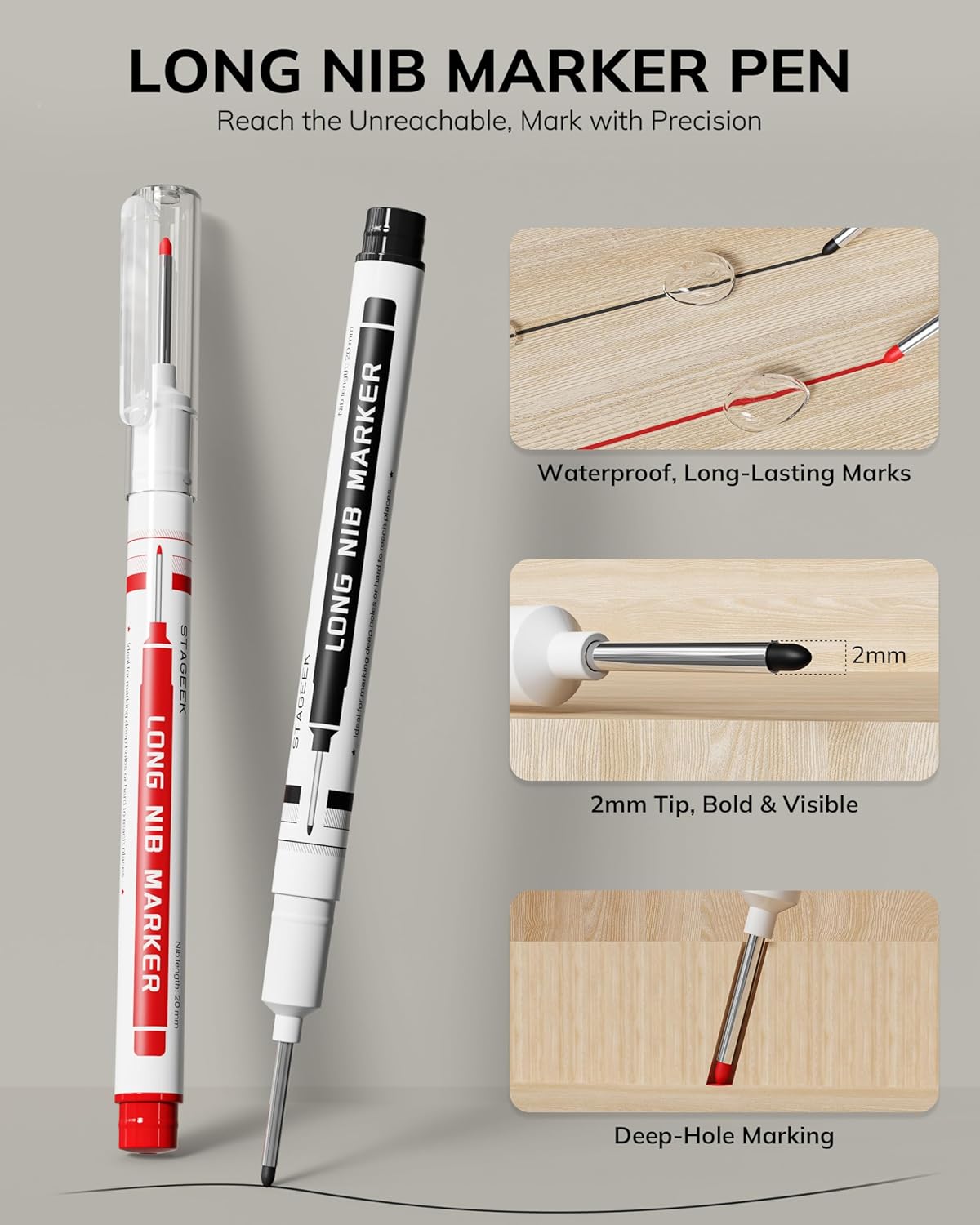 2PCS Carpenter Pencils with Sharpener, Heavy Duty Woodworking Tools, Mechanical Pencil Set with 26 Refills, Deep Hole Long Nib Marker Pens for Architect Marking with Case (Black, Red)