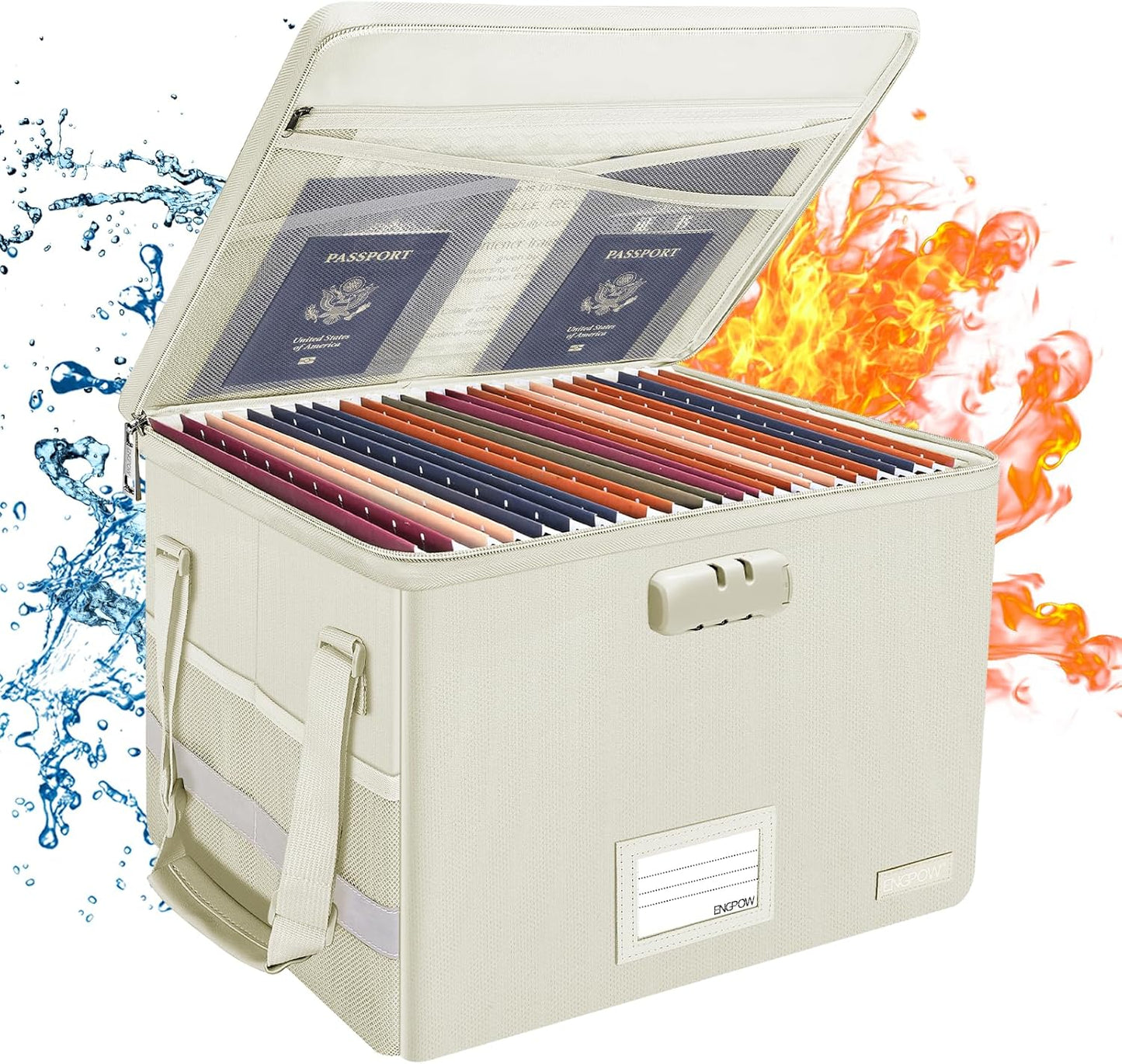 ENGPOW File Box with Lock, Fireproof Document Box with Zipper Lid, Collapsible File Storage Organizer Filing Cabinet with Handles, Portable Home Office Safe for Hanging Letter/Legal Folders, Beige