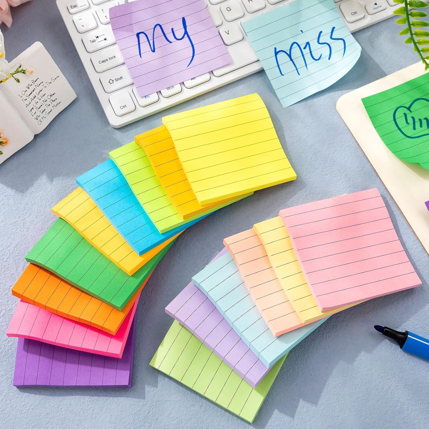 Seajan 240 Pads 3 x 3 Inch Sticky Notes Notepads Multi Bright Colors Self Sticky Pads for Students Teachers School Office Supply Desk Accessory 15 Colors, 50 Sheets Each(Neon,Line)