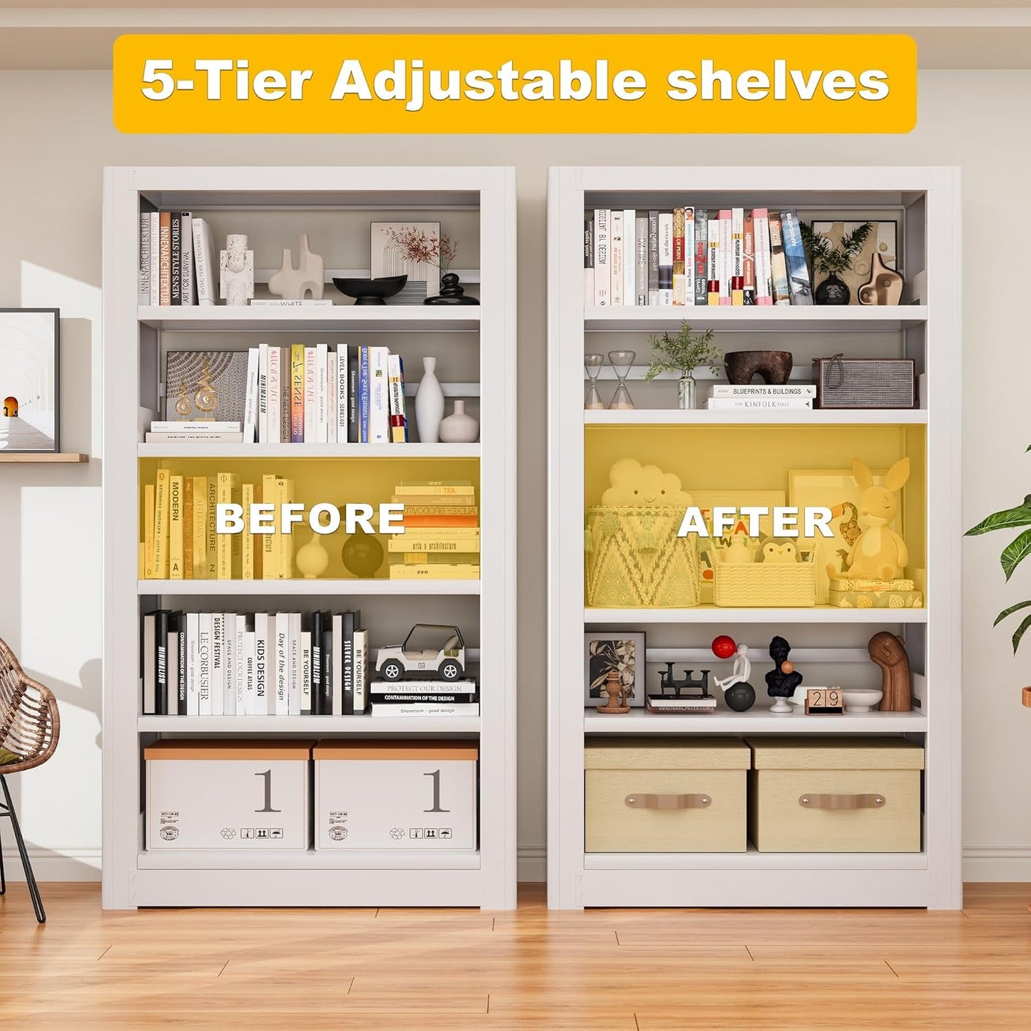 Metal Bookshelf, Adjustable 69" Tall Bookcase, 5 Tier Heavy Duty White Book Shelf with Book Stopper, Industrial Book Shelves for Living Room, Library, School, Office