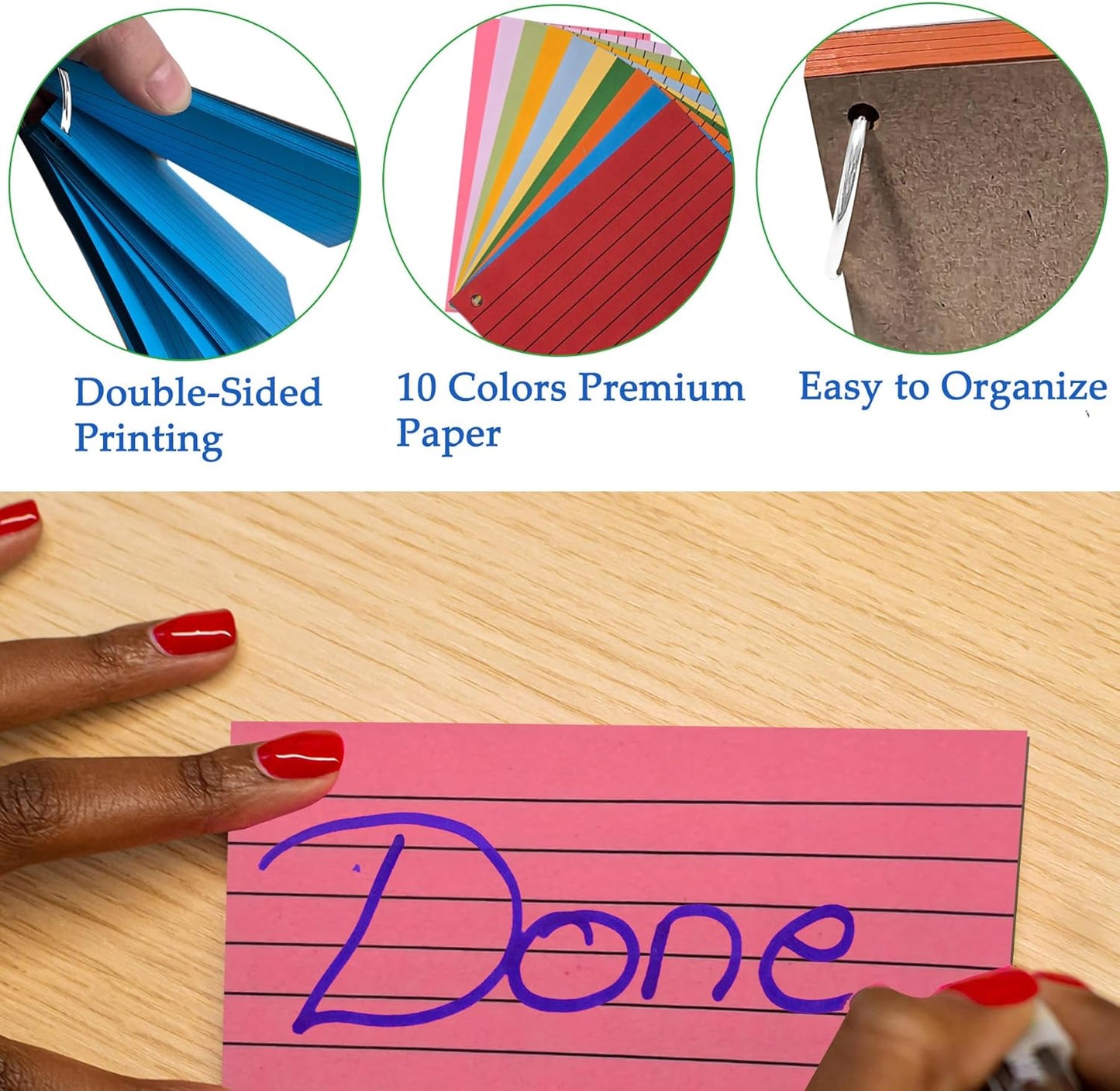 500Pcs Index Cards with 10 Rings, 3 x 5 Inches Ruled Index Cards, Colored Index Flash Cards, Lined on Both Side Colored Notecards for Study, Learning, Memory, Recipe (10 Colors)