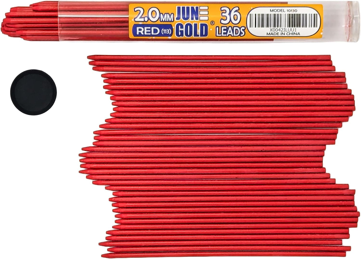 June Gold 36 Red (Strawberry #113) Colored 2.0 mm Lead Refills, Bold Thickness for Heavy Use, Break Resistant with a Convenient Dispenser