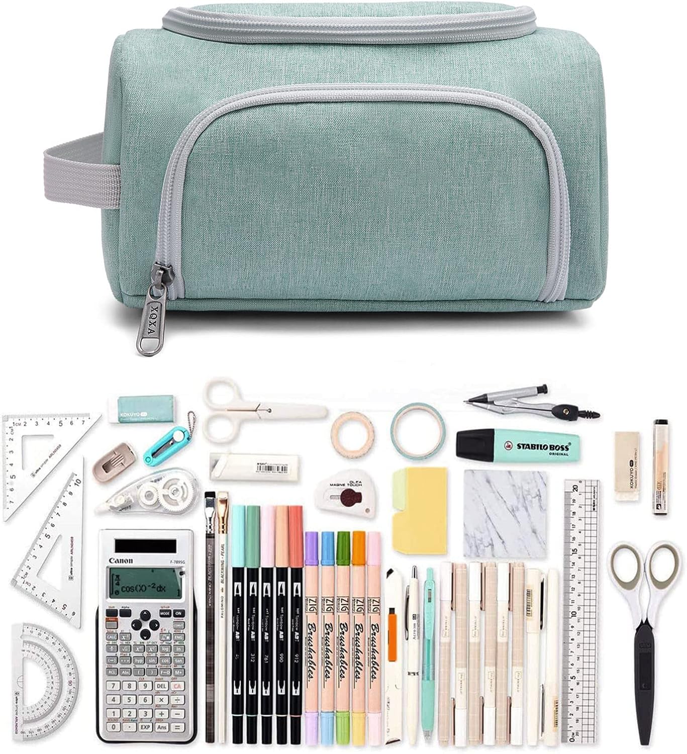 XQXA Extra Large Capacity Pencil Case Organizer, Multifunctional Pencil Pouch with Compartmens, Travel Simple Stationery Bag, Nylon Pencil Bag for Adults (Green)