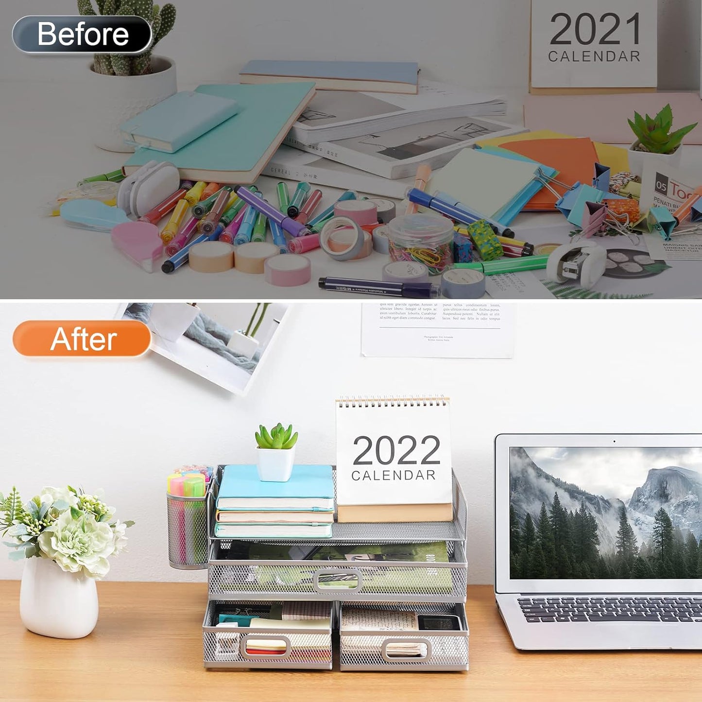 Marbrasse 3 Tier Mesh Desk Organizer with Drawer, Multi-Functional Desk Organizers and Accessories, Paper Letter Organizer with 2 Pen Holder for Home Office Supplies (Silver)