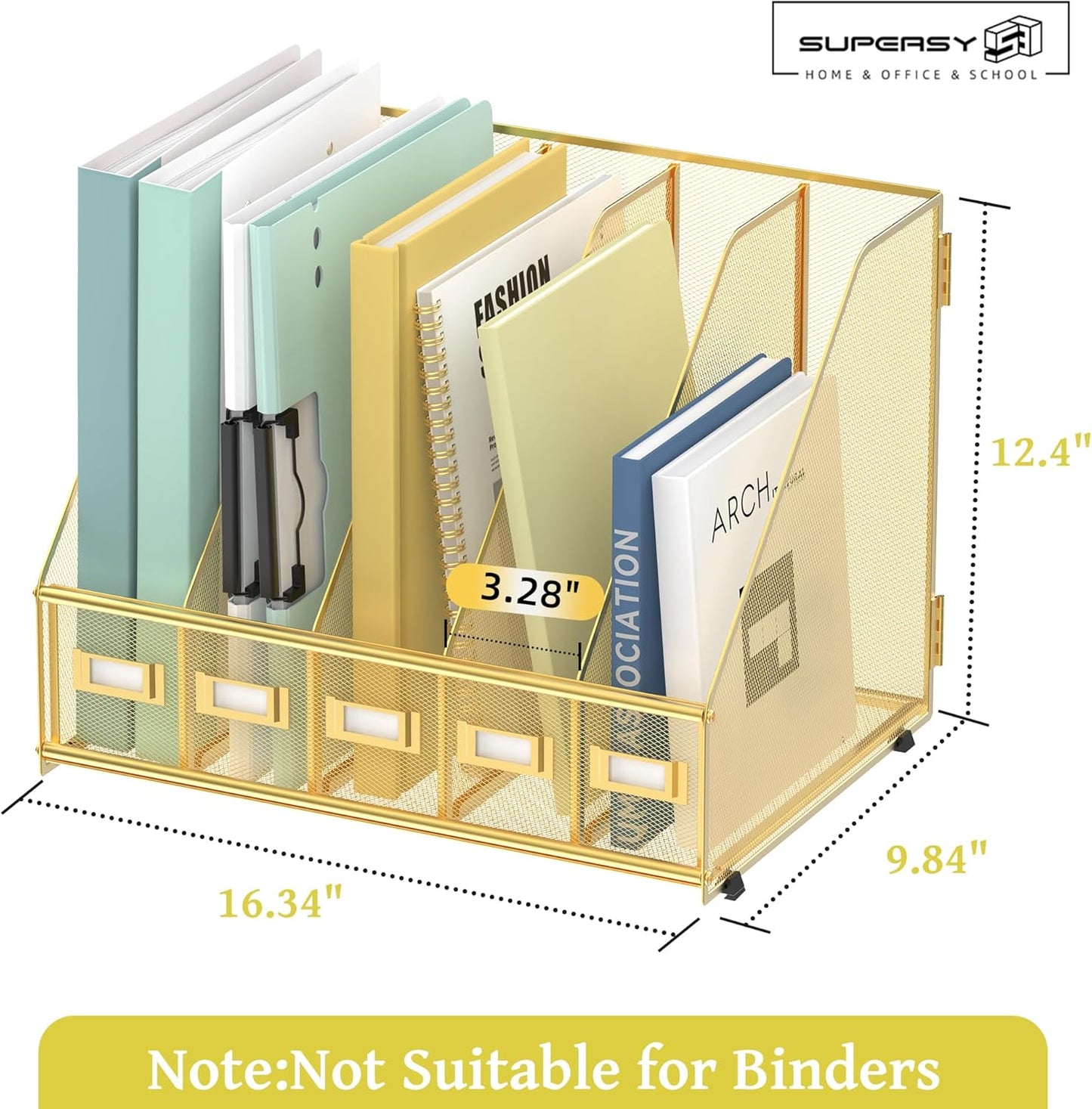 SUPEASY Desk Organizers Metal Desk Magazine File Holder with 5 Vertical Compartments Rack File Organizer for Office Desktop, Home Workspace, Gold