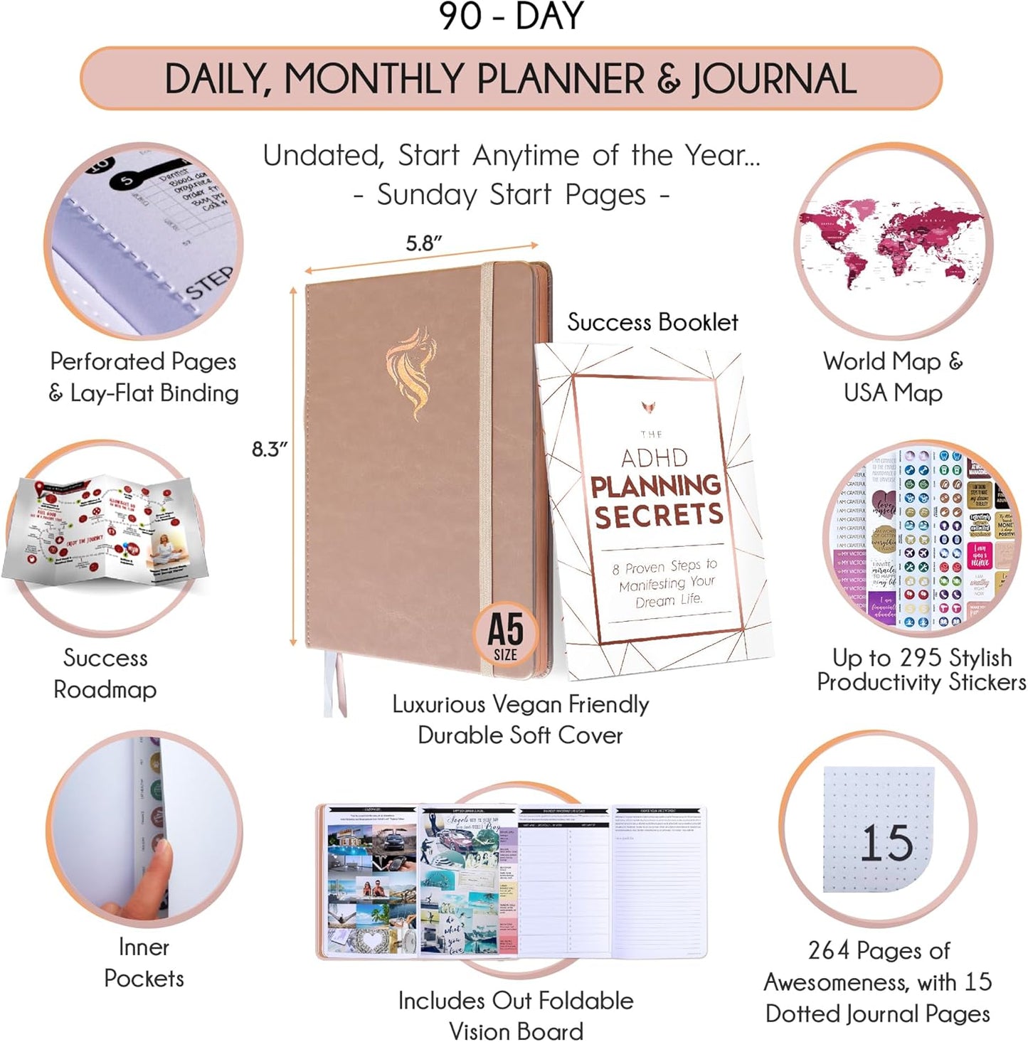 Self Care Journal & ADHD Planner for Adults - 5 Minute Journal, A 90 Days Planner, Creating Your Dream Life, Increase Productivity & Happiness, Vision Board, Guided & Gratitude Journal - Undated