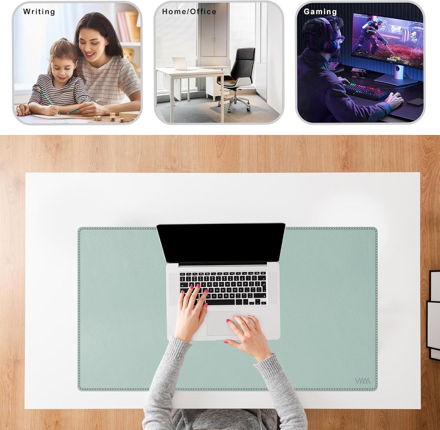 Vyaaa PU Leather Desk Mat, 39.4“ x 23.6” XXL Leather Desk Pad, Waterproof Extra Large Desk Mat, Large Mouse Pad, Desk Mats on top of Desks for Home or Office (Pink & Green)