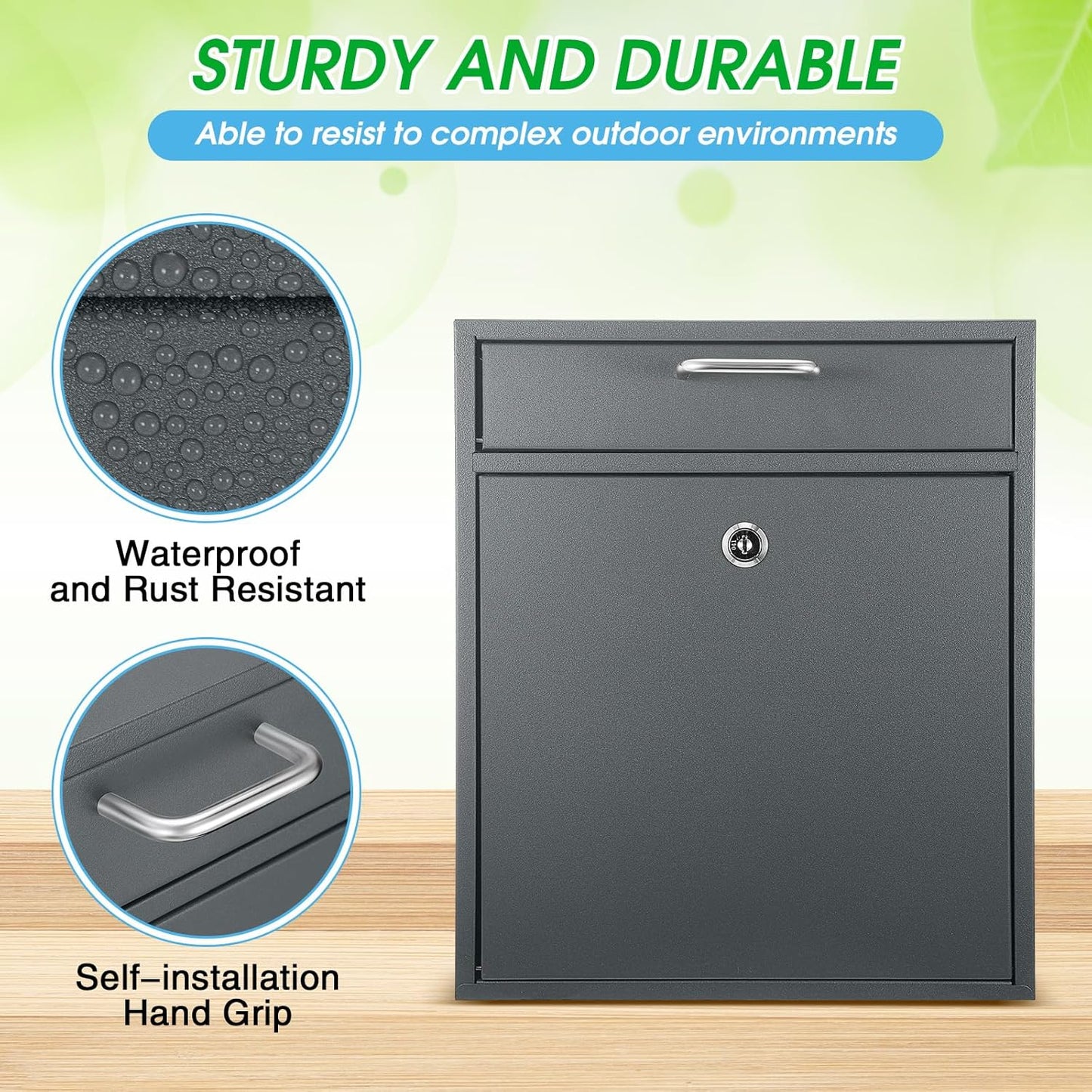 Locking Mailbox with Key for Outdoor 12 x 10.5 x 4.7 Inches Large Wall Mount Mail Box with Lock Security Mail Drop Metal Collection Boxes Hanging Secure Postbox(Dark Gray)