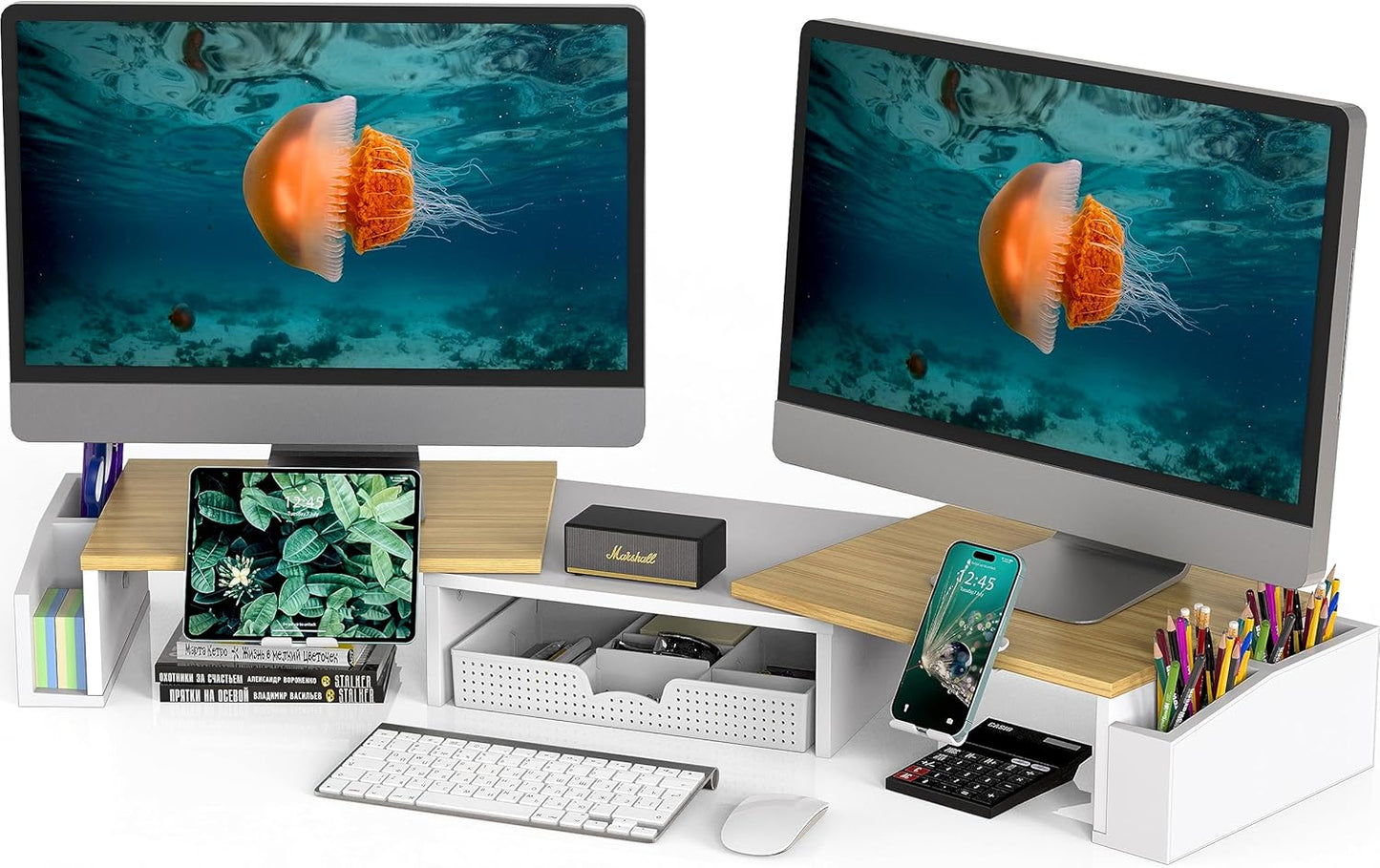 Simple Houseware Desk Dual Monitor Stand Riser with Drawer, Oak