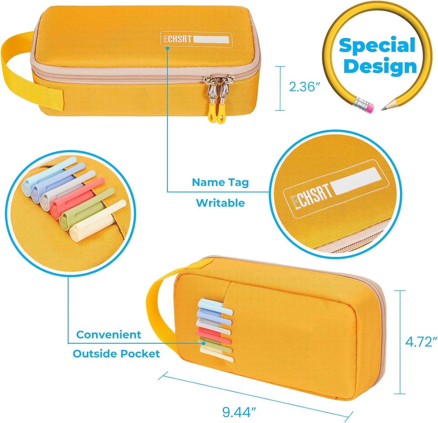 ECHSRT Big Pencil Case, Aesthetic Portable Zipper Pencil Bag with Hidden Pocket, Special Pouch for Men Women Adults, Stationery Organizer Pen Cases for Office Travel, Yellow