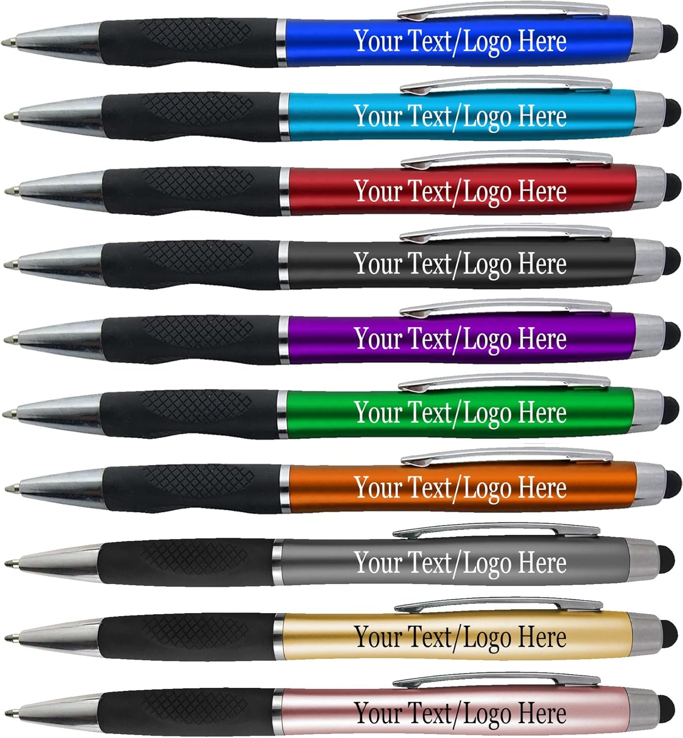 Personalized Pens With your Custom Logo or Text-300 Pack Bulk-for Businesses, Parties, and Events, 2 in 1 Ballpoint Pen + Capacitive Stylus for Touchscreen Devices, Light Assorted Barrels, Blue Ink