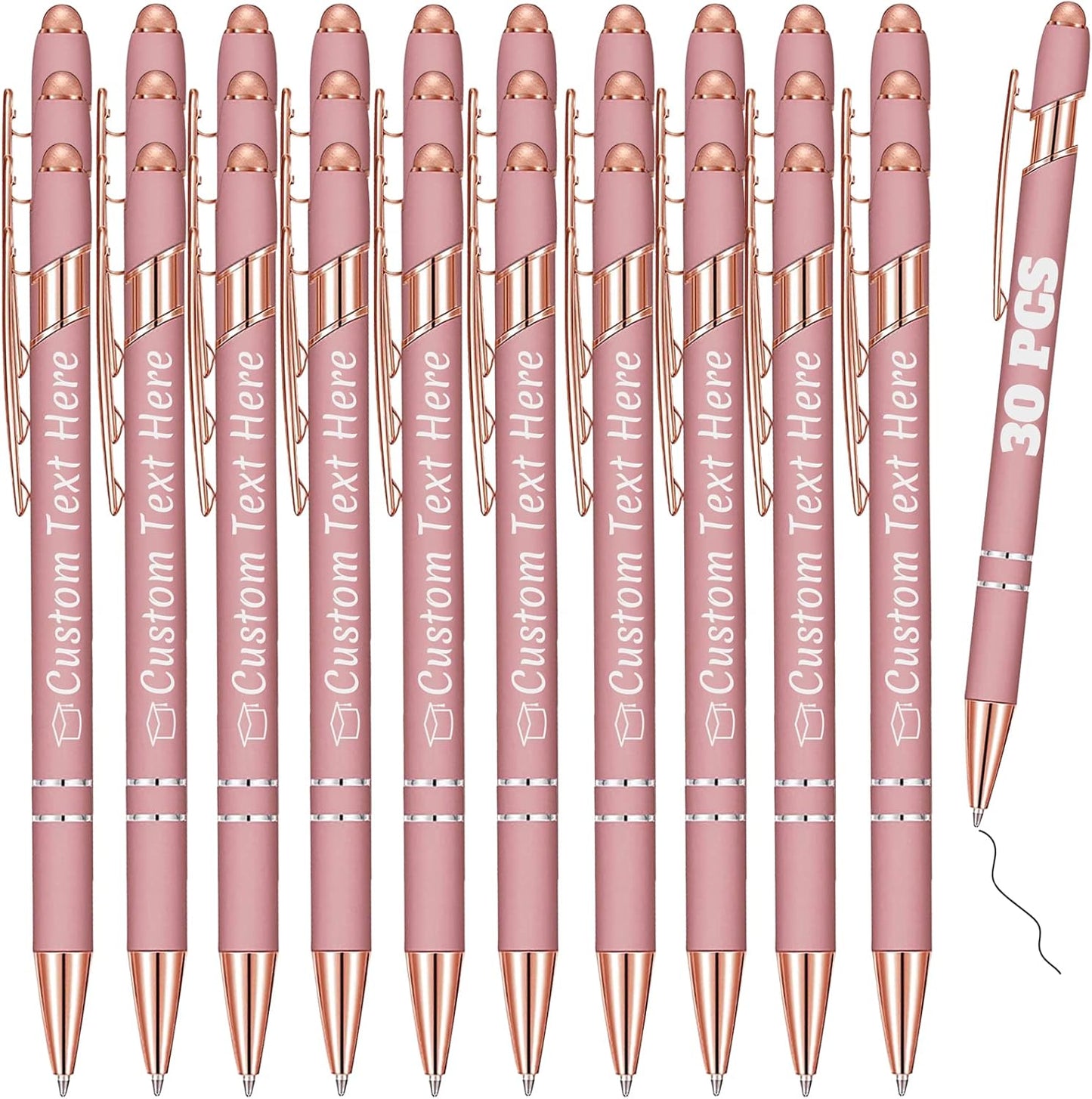 Personalized Pens Bulk 30 with Name Custom Engraving Ballpoint Pens with Stylus Tip Customized Smooth Writing Pens Personalized Gifts for Anniversary Birthday or Graduation(Gold Rose,Black Ink)