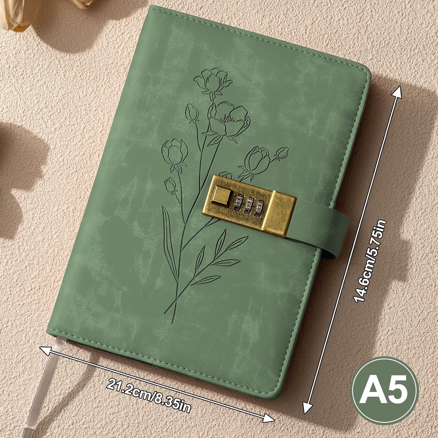 Lock Diary for Women Diary with Lock for Girls A5 Leather Locked Journal 260 Pages 100 GSM Refillable Journal with Lock for Teens Secrets Flower Journals with Combination Passwords, 5.7"x8.3", Green