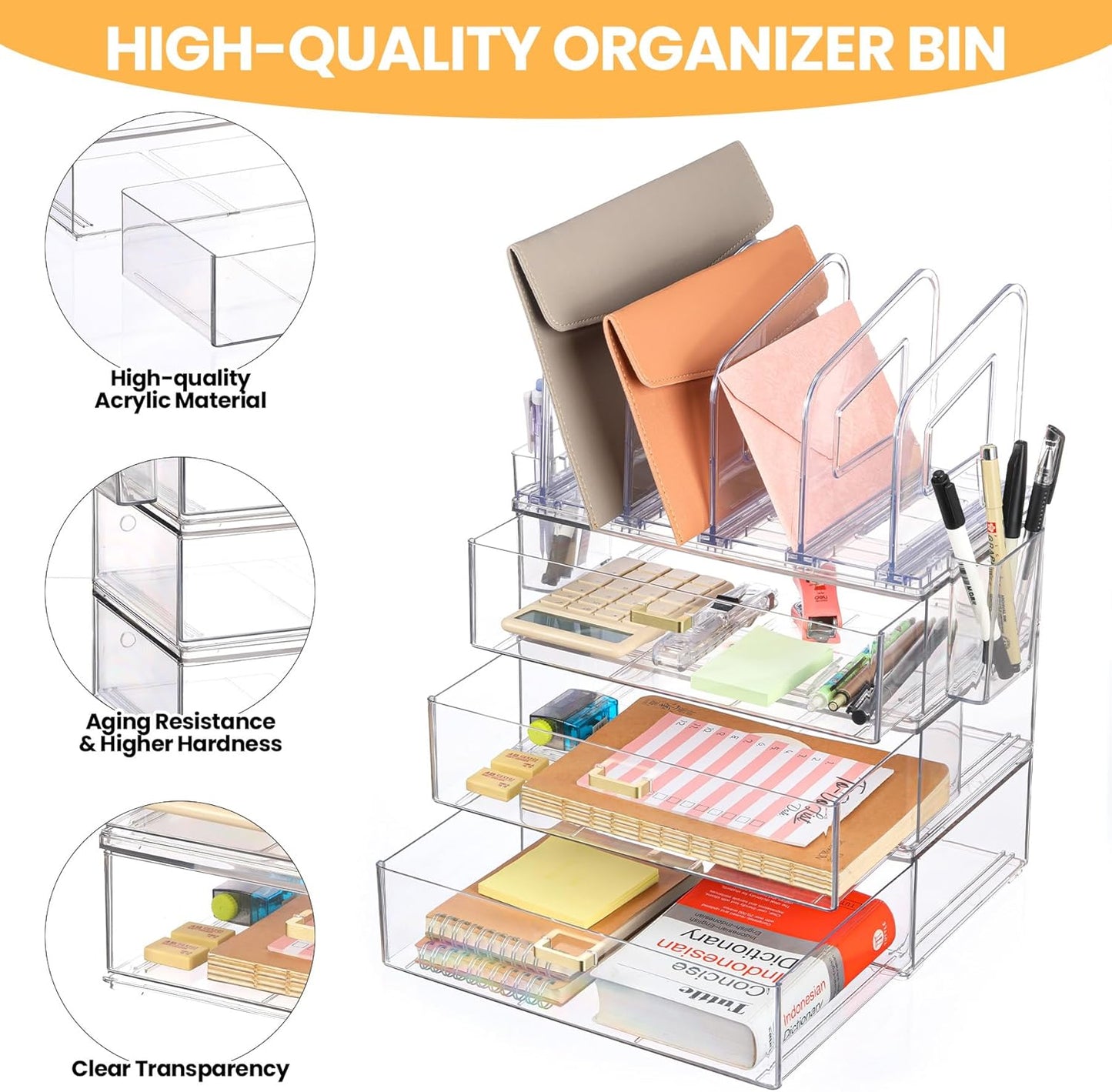 Acrylic Desk Organizer Set, 3 Pack Stackable Desktop Drawer Organizer with 4 Vertical File Holders and 2 Pen Holders, Desk Organizers and Accessories for Home Office Storage