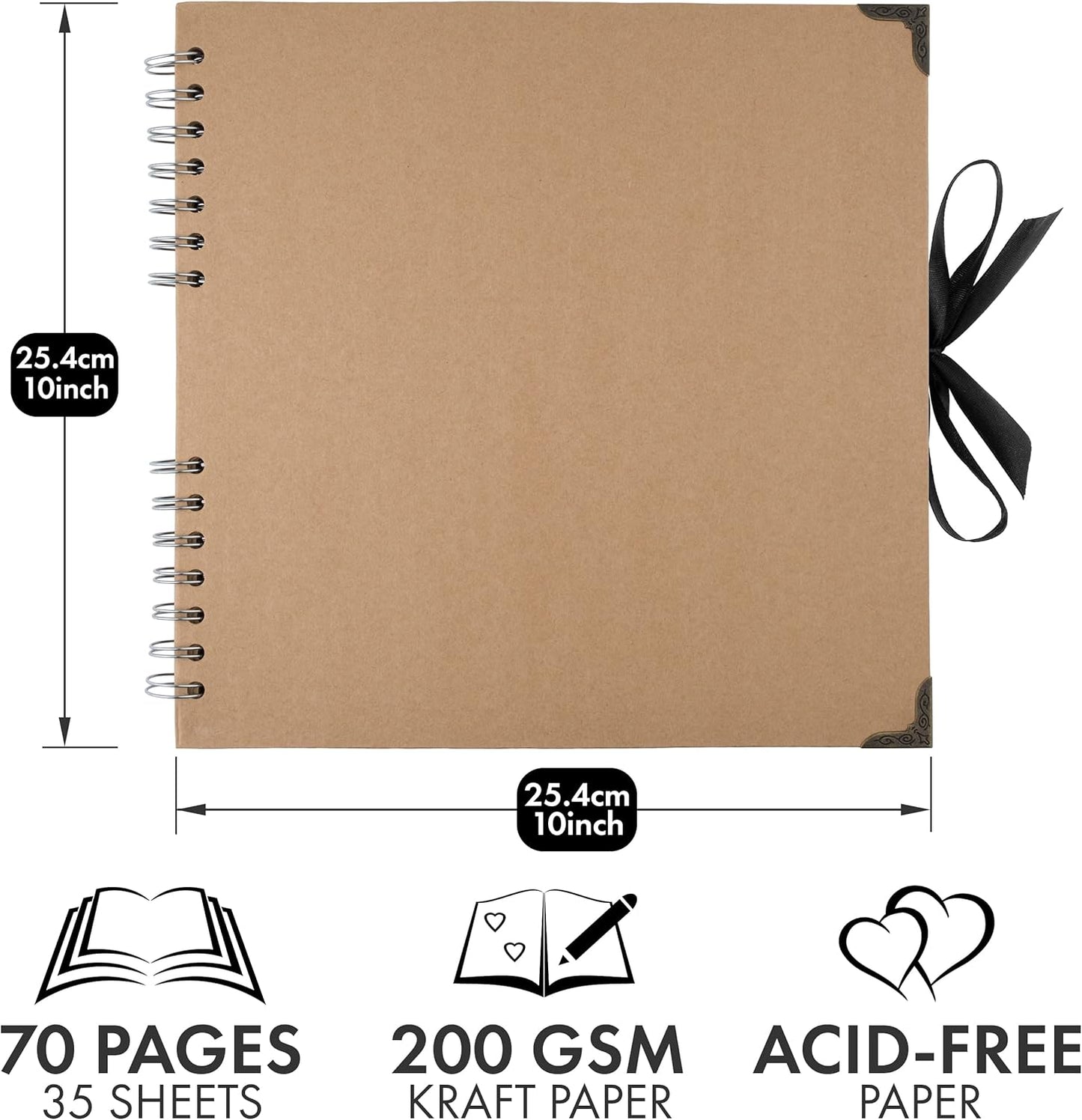 Bstorify 10 x 10 Inches Scrapbook Album For 4 x 6, 8 x 10 Pictures, 70 Pages Brown Thick 200gsm Kraft Paper Corner Protectors, Ribbon Closure - Ideal for Your Scrapbooking, Art & Craft Projects