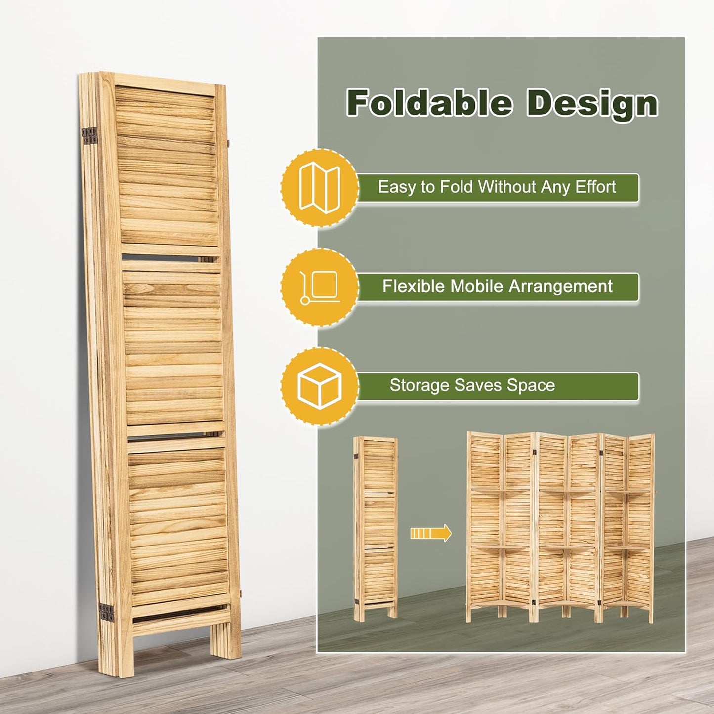 NicBex 6 Panel Room Divider,5.6FT Wood Carved Room Dividers with Display Shelves Folding Privacy Screens Portable Freestanding Partition Wall Dividers for Room Separation, Bedroom Office,Natural Wood