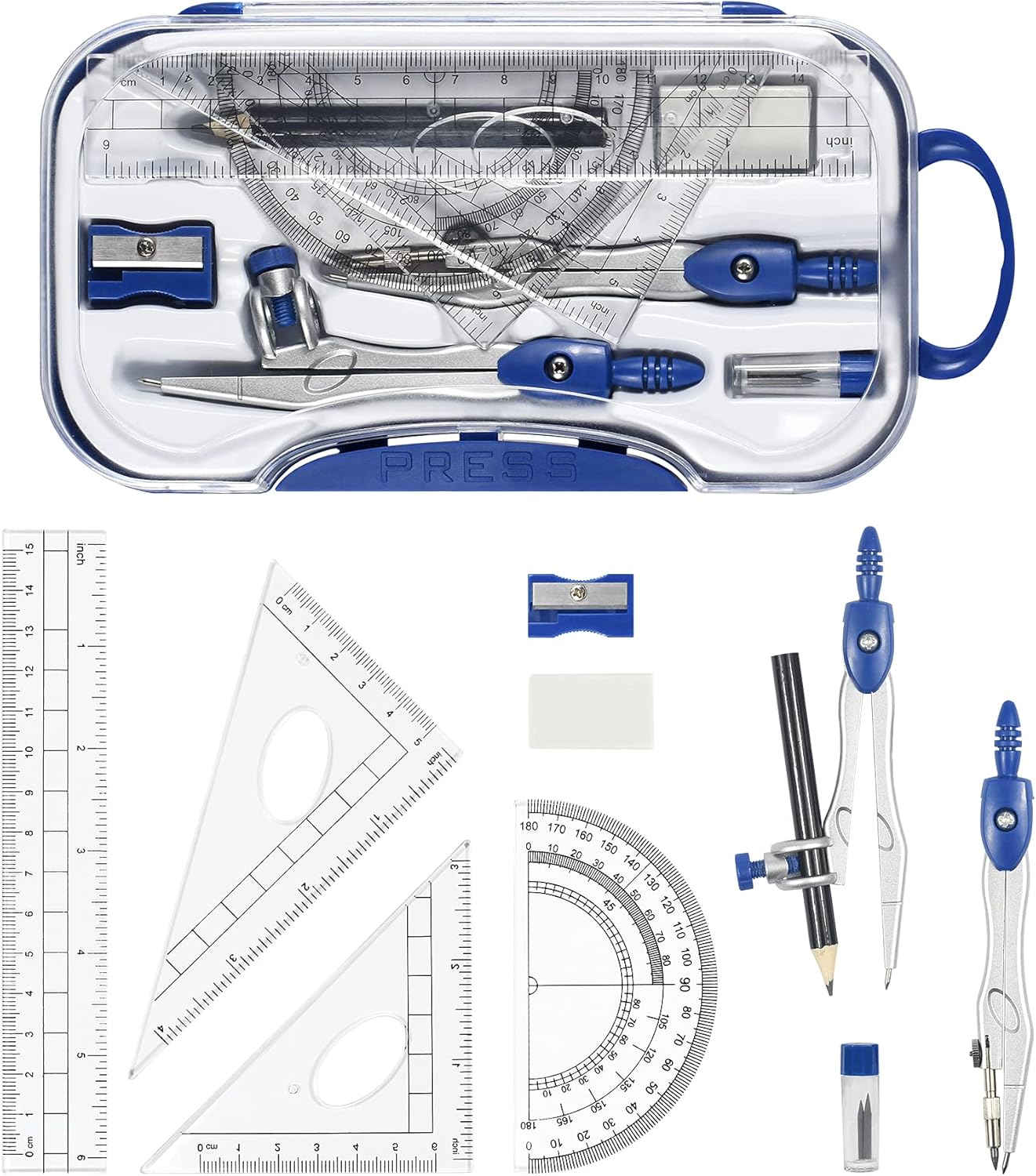Math Geometry Kit Sets 10 Piece Student Supplies with Shatterproof Storage Box,Includes Rulers,Protractor,Compass,Eraser,Pencil Sharpener,Lead Refills,Pencil,for Drafting and Drawings（Navy blue）