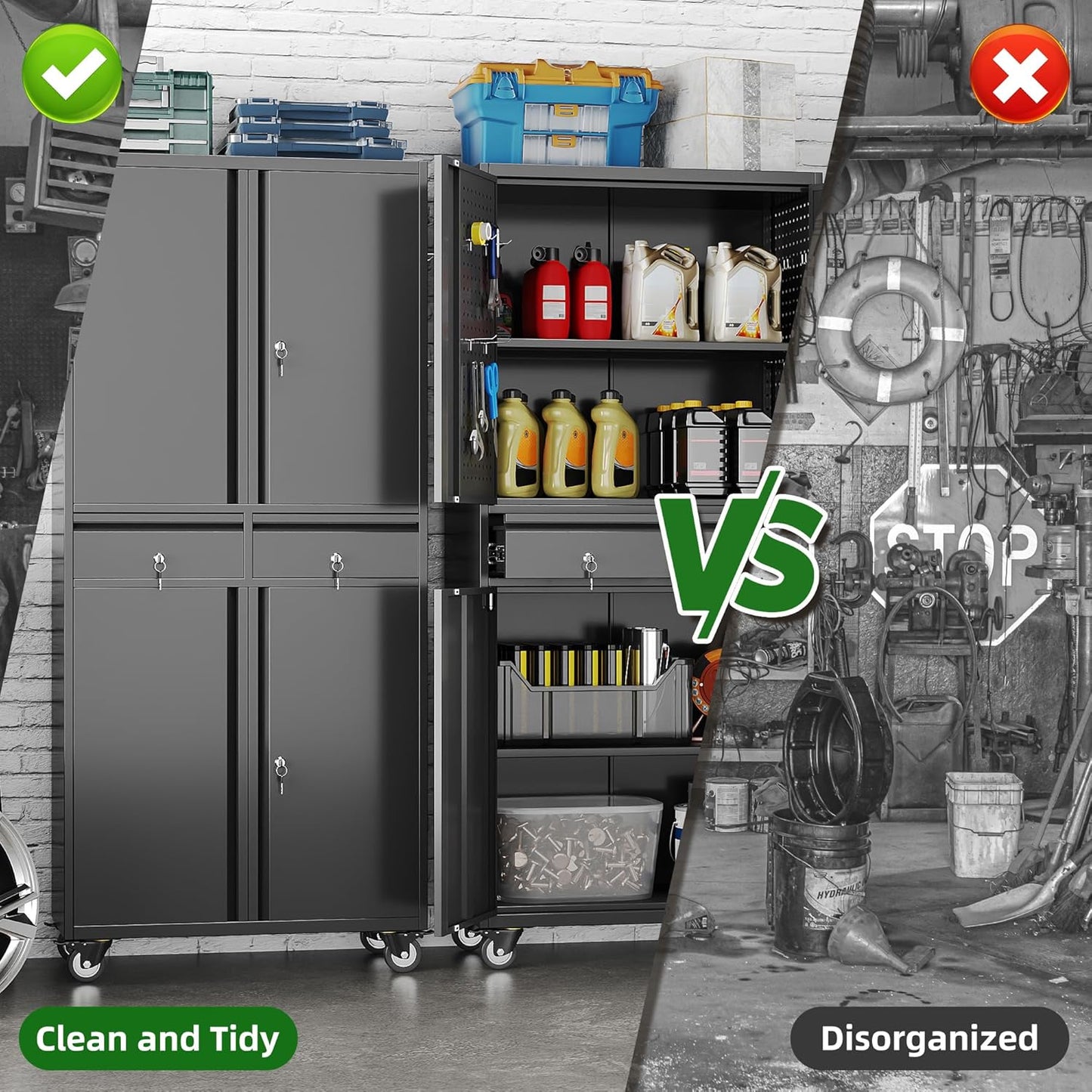 Aobabo Garage Storage Cabinet with Wheels, Metal Tool Storage Cabinet with 2 Drawers for Garage Home,Assembly Required,Black