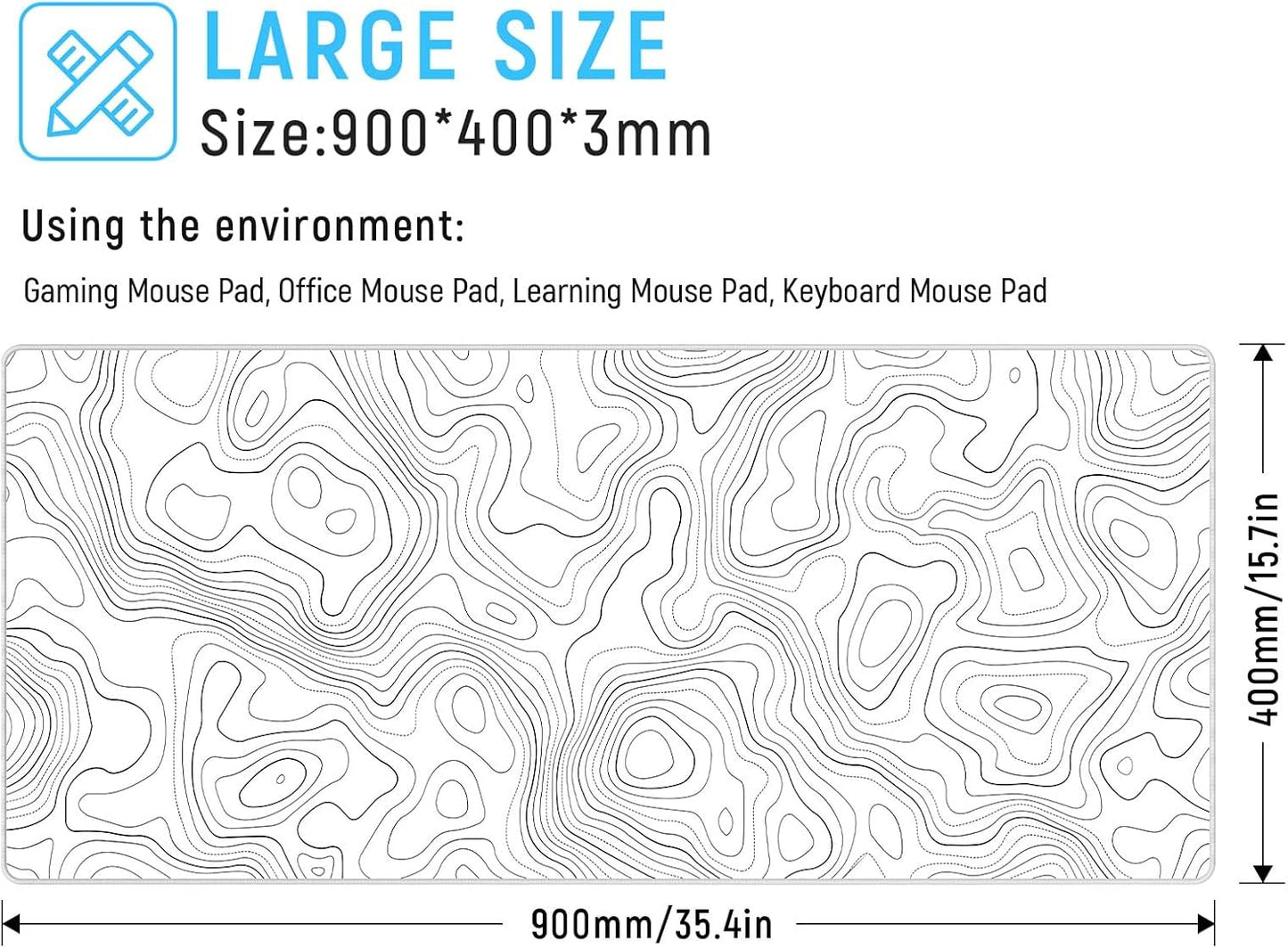 JIALONG White Topographic Large Gaming Mouse Pad, XXL Mousepad, Big Mouse Mat Desk Pad for Keyboard and Mouse, Gaming Computer Laptop PC Desk Office Accessories