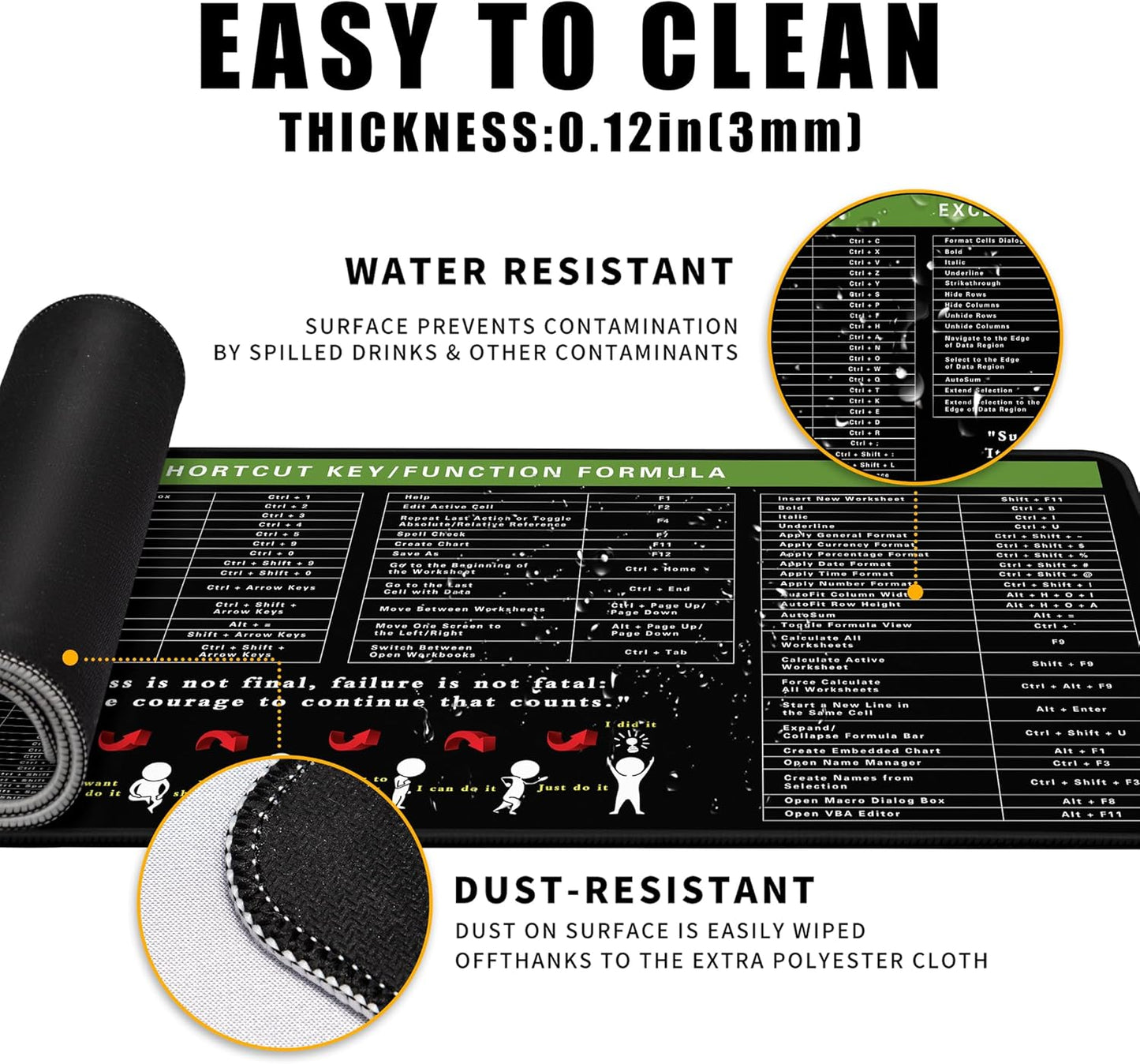 Excel Cheat Sheet Desk Pad Excel Shortcut Keys Mouse Pad Gaming Mouse Pad Desk Accessories Waterproof Non-Slip Large Computer Mat, 31.5x11.8 in (Excel Cheat Sheet)