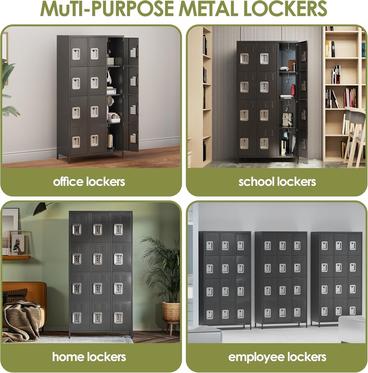 Metal Lockers for Employees with 12 Door and 12 Hooks,Metal Storage Locker with Lock for School Office Gym Bedroom,Assembly Required,Dark Grey