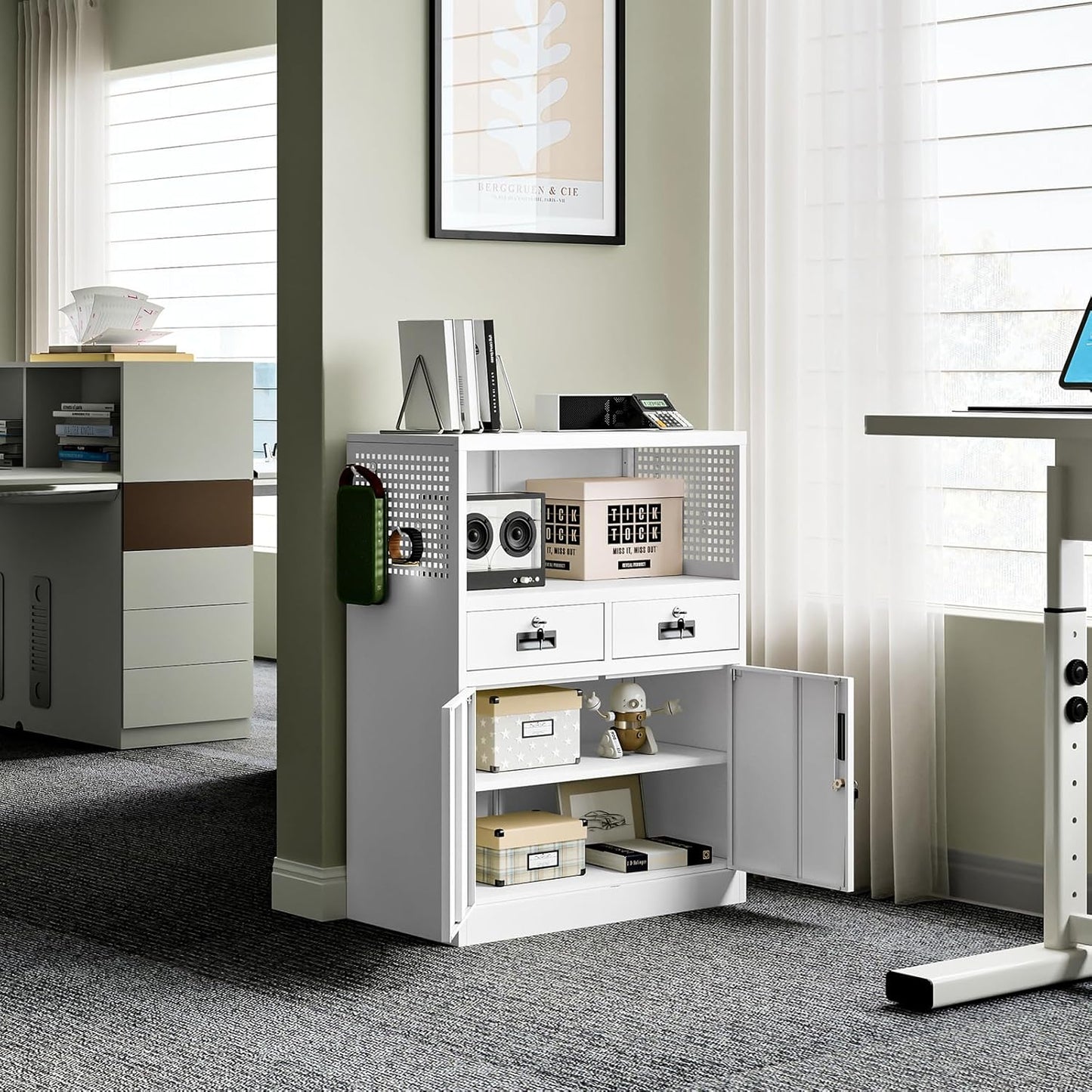 Yizosh Locking Cabinet with 2 Drawers, Metal Storage Cabinet with Locking Doors and Shelves - 41.3" Steel Lockable Storage Cabinet, Metal Cabinet for Home Office, Garage, School (White)