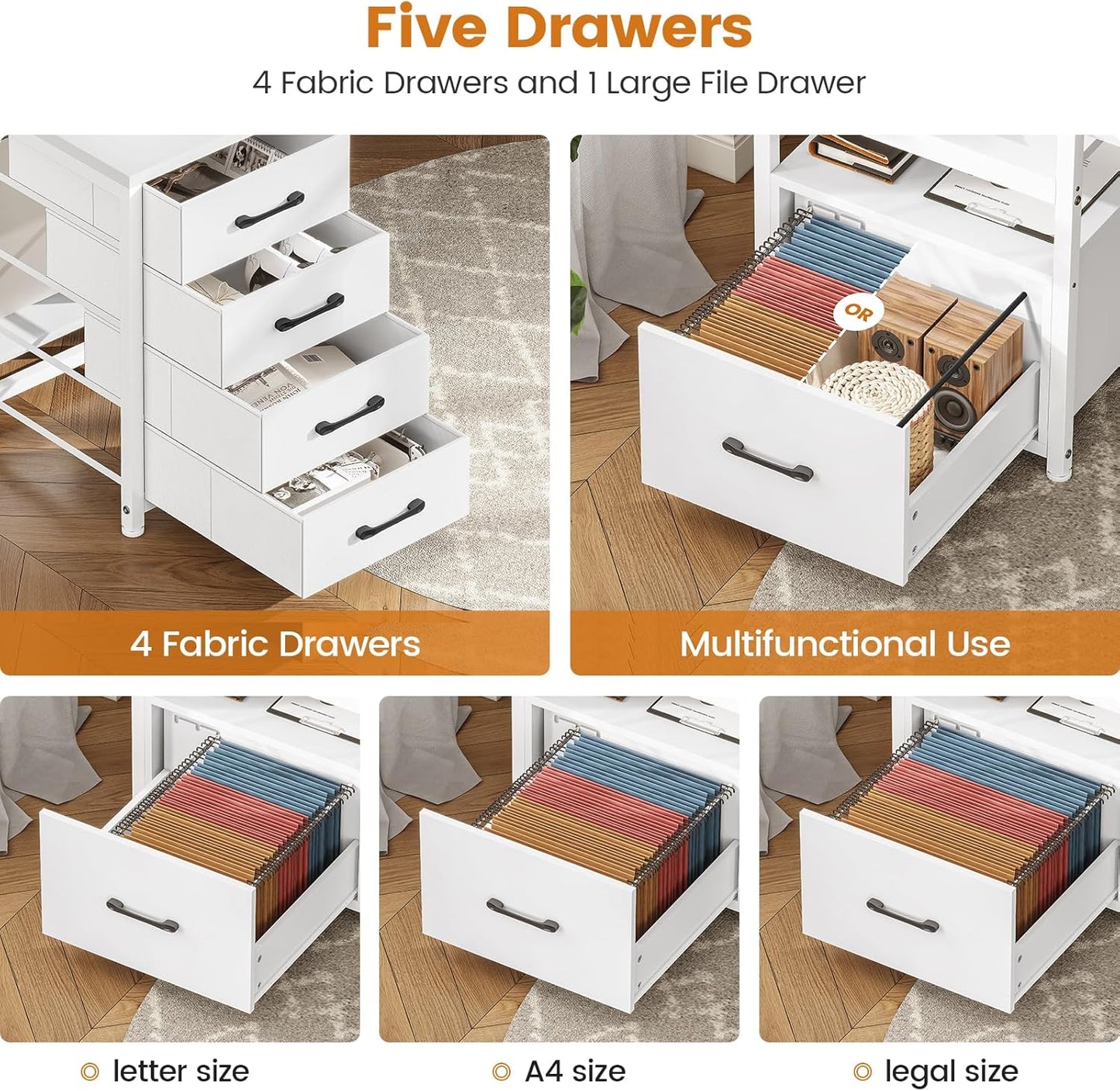 SEDETA White Computer Desk with 5 Drawer & Power Outlet, 75'' Home Office Desk with File Drawer, Storage Shelves, Printer Cabinet and Monitor Shelf, Gaming Desk with Led Lights, 23.6" W Desktop