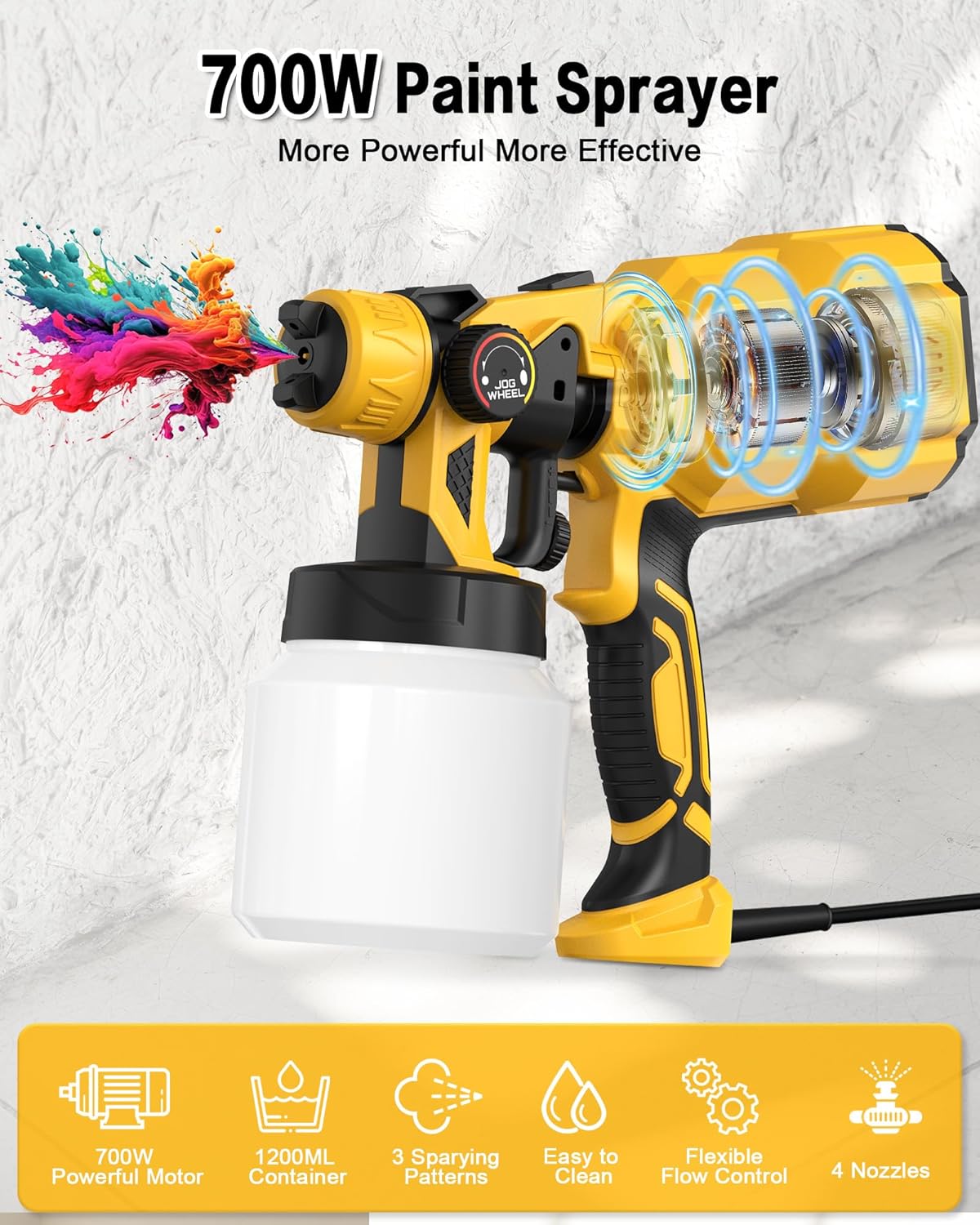 700W Power Airless Paint Sprayer HVLP Spray Gun(Contain with Blowing Joints, 4 Nozzles&3 Patterns,1200ml Paint Container) Suitable for House Painting, Cabinets, Decks, Stain, Door