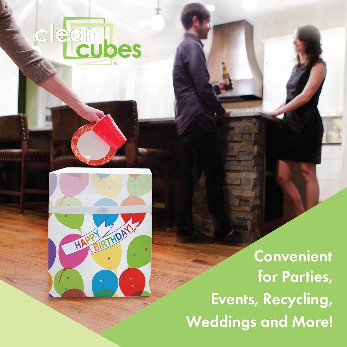 | 13 Gallon Disposable Trash Cans (3-Pack) with Fitted Trash Bags - Reusable Garbage and Recycling Bins for Parties, Events, and More (Birthday - 17" Height x 13.5" Width x 10" Depth)