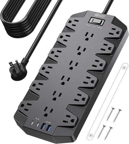 18 Widely Outlets Power Strip, SUPERDANNY Surge Protector with 4 USB Ports, 15FT Flat Plug Heavy Duty Extension Cord, 2100J, 1875W/15A, Wall Mount Holes for Home, Office, Dorm, Black