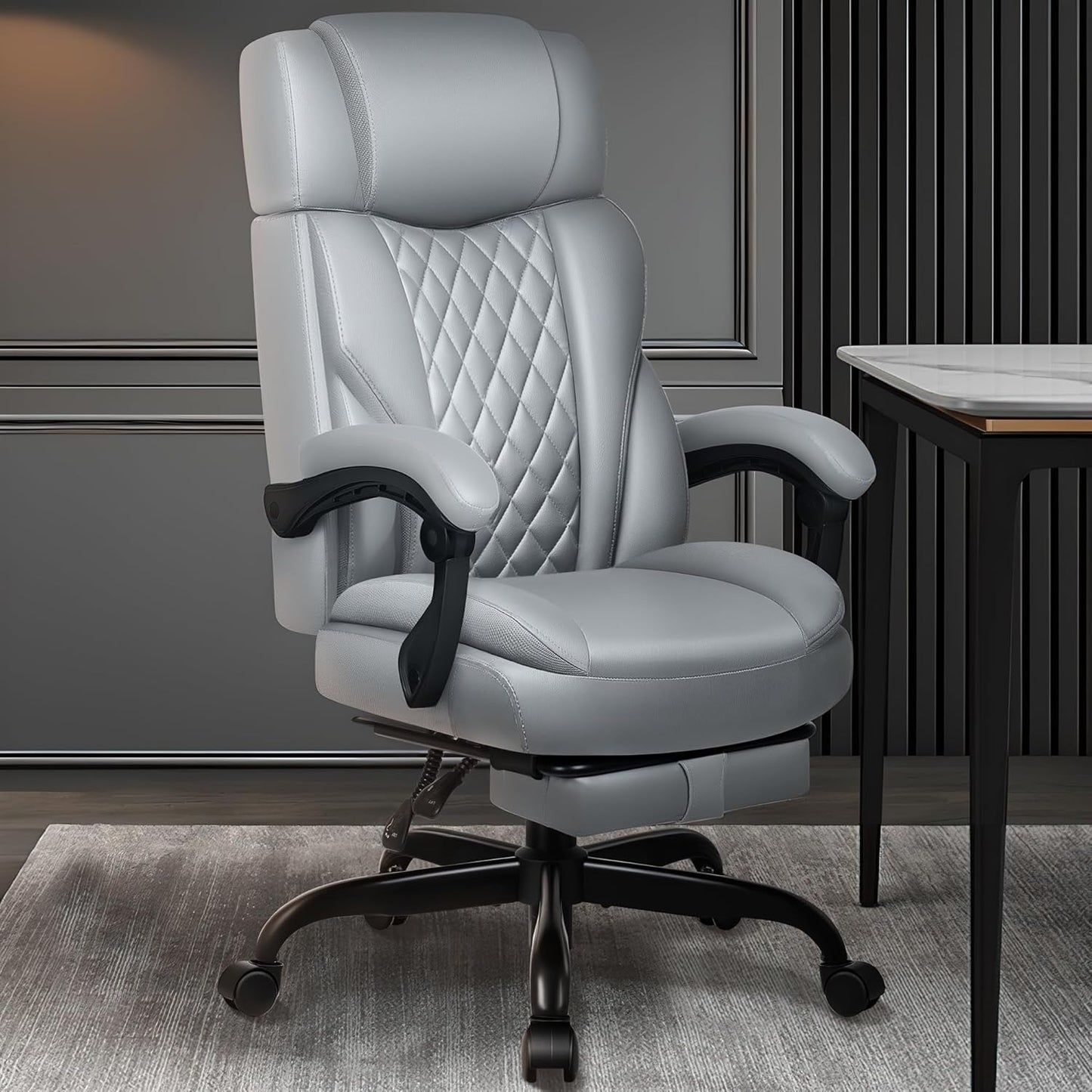 Executive Leather Office Chair, Big and Tall Desk Chair with Footrest Home Office Desk Chairs, Ergonomic Computer Desk Chair with Lumbar Support, Reclining Chair with Adjustable Angle