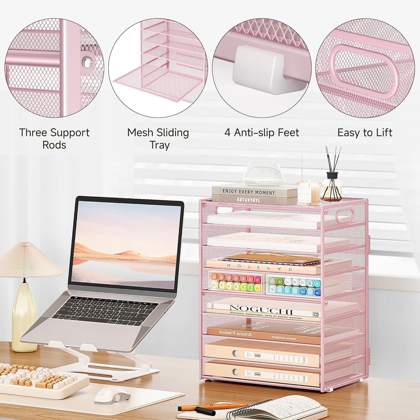 Subekyu 9 Tier Paper Letter File Tray Organizer for Desk, Pink Large Mesh Desk Folder Sorter Organizer with Handle, Include 6 Pcs Adjustable Height Slid Tray for Office Home School Supplies Storage