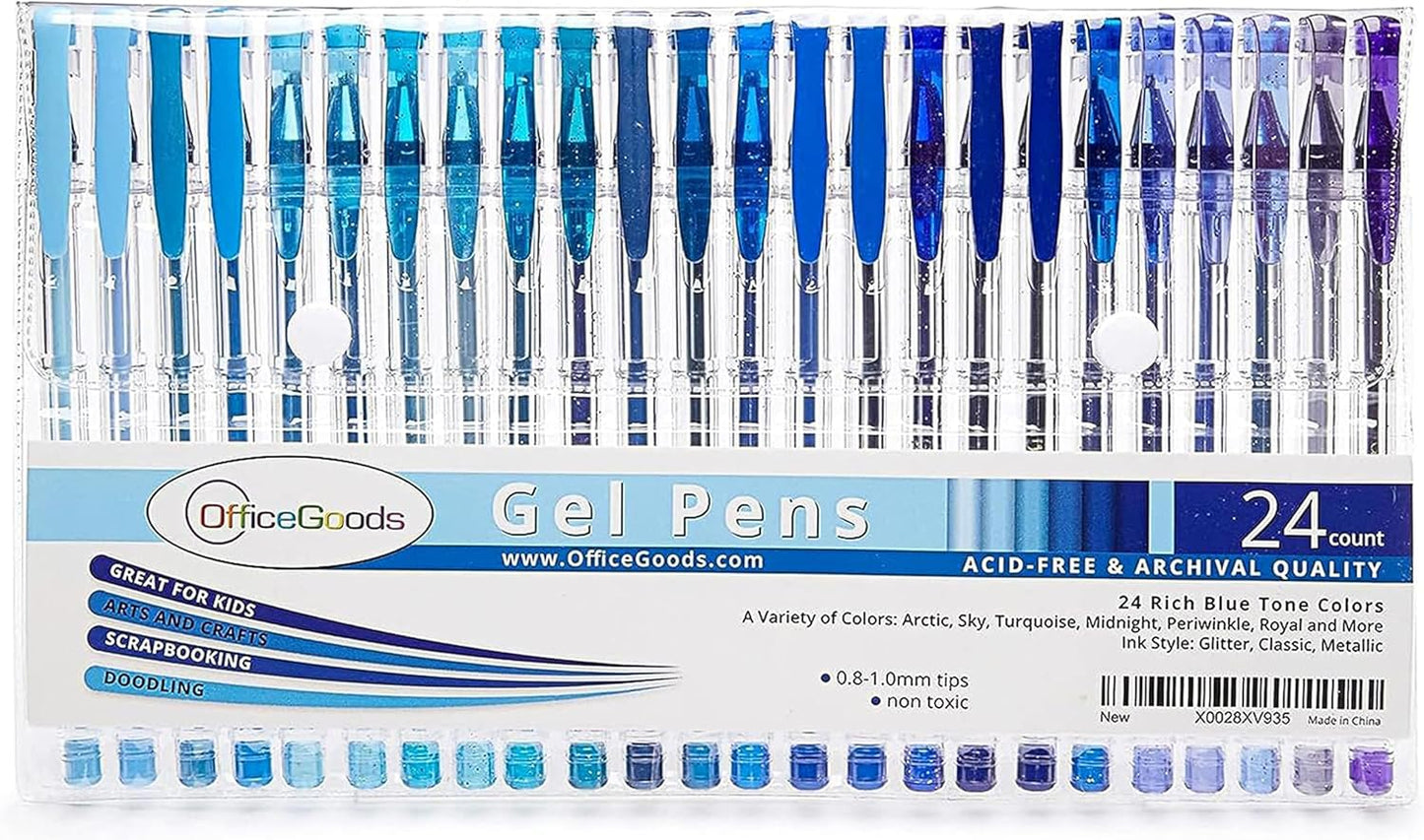 OfficeGoods Blue Gel Pens with Refills – Colored Adults Coloring Art – Medium 0.8-1.0mm Tips – Non-Toxic Gel Pens Set – Quick Dry Smudge-Free 24 Pack Colors