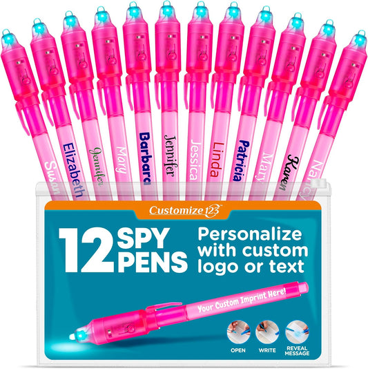 Personalized Invisible Disappearing Ink Pen Marker, Custom Secret Spy Message Writer with UV Light, Fun Activity Entertainment for Kid Party Favors Ideas Gifts and Stock Stuffers, 12 Pack, Pink