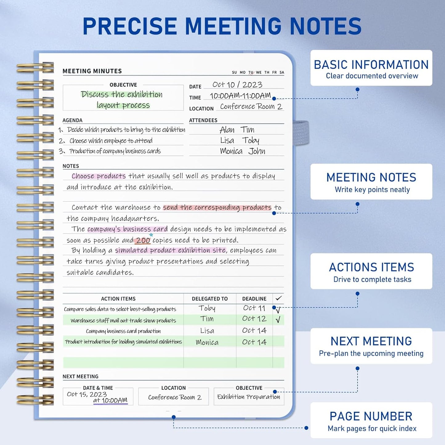 WEMATE Meeting Notebook for Work B5 (7"x10") - PU Leather Work Notebook with Agenda, Action Items & Notes - 200 Pages for Men&Women, Staff and Students, Meeting, Projects Planning - Light Blue