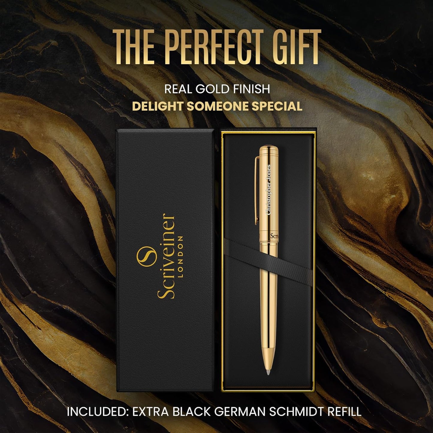 Scriveiner Personalized Gold Ballpoint Pen - Stunning Luxury Pen, Real Gold Plating, Schmidt Ink Refill, Best Engraved Ball Point Gift Set for Men & Women, Custom Name Engraving