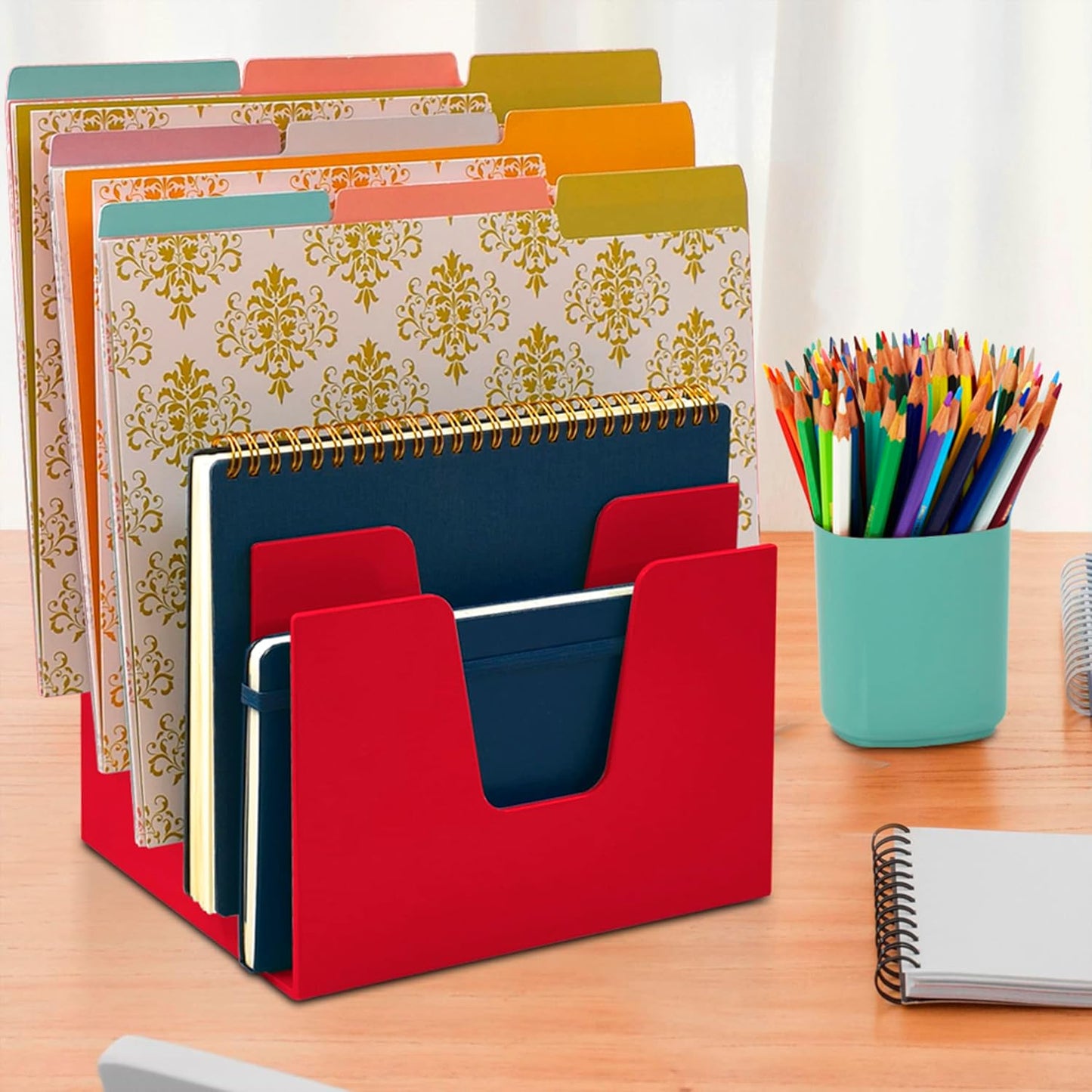 Acrimet 5 Section Incline File Sorter Organizer, Mail, Folder, Letter Desk Organizer, Rack for Office Organization Desktop (Plastic) (Solid Red Color)