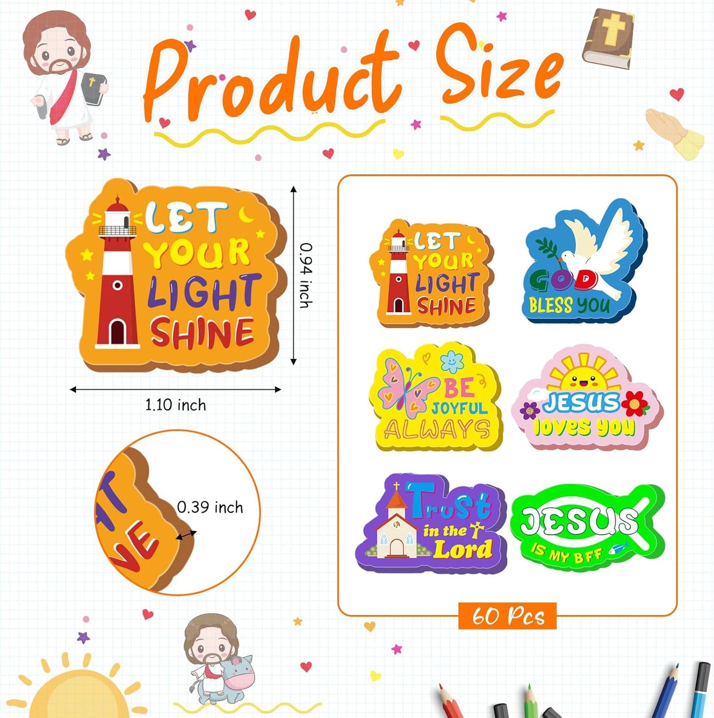 Cinrobiye 60 PCS Bible Verses Pencil Erasers Bulk Inspirational Scripture Eraser Christian Religious Favor Goody Bag Filler Gifts for Students Classroom Office Teacher Prizes Reward School Supplies