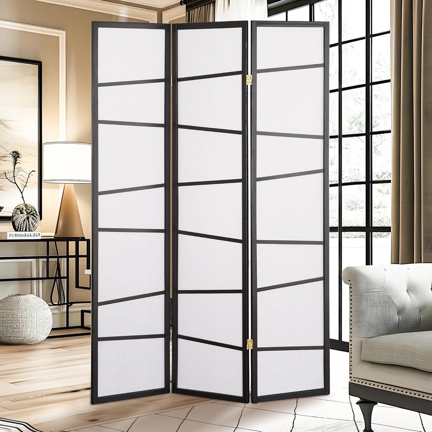 NicBex Room Divider 3 Panel Room Dividers with Heavy-Duty Rice Paper Partition Room Dividers and Folding Privacy Screens Wall Divider for Home, Office, Room Separation,51"W x 2"D x 71"H, White+Black
