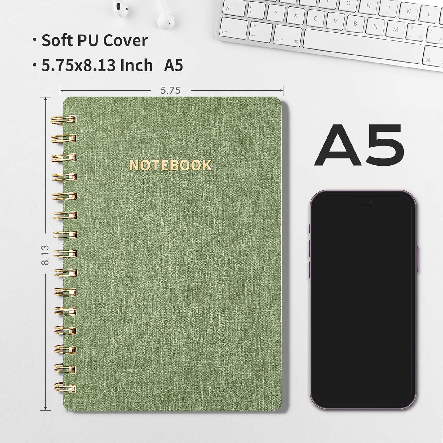 Lined Spiral Notebook College Ruled A5 Journal Book for Note Taking, 160 Pages Writing Journal for Office and Home School Supplies 5.75x8.125 inch (3pack-Army Green/Reef Blue/Black)