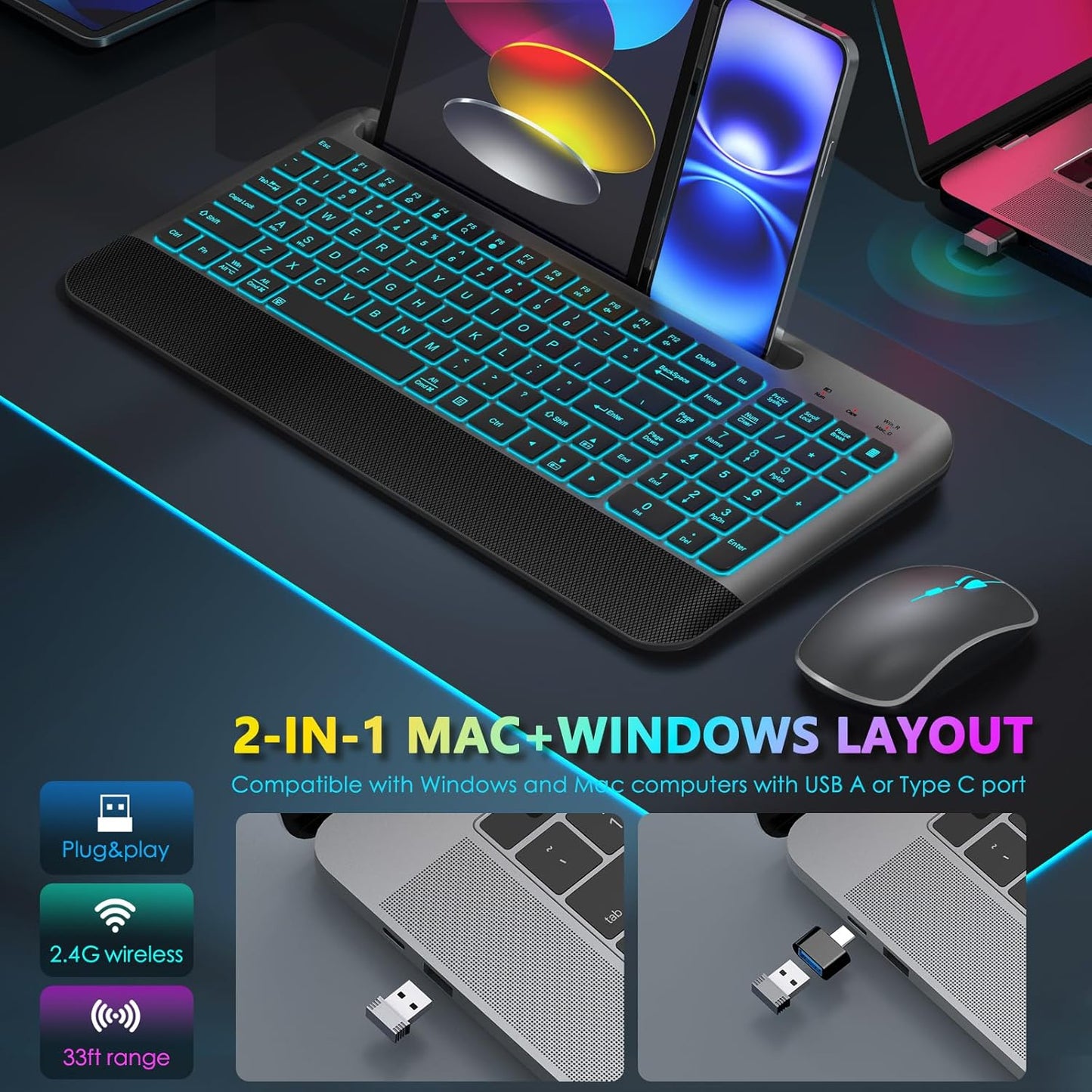 JOYACCESS Wireless Keyboard and Mouse Combo Backlit - Compact Quiet Keyboard with RGB Mouse, Rechargeable, Portable Cordless Keyboard Mouse Set for Mac, Windows, Laptop (Space Gray)