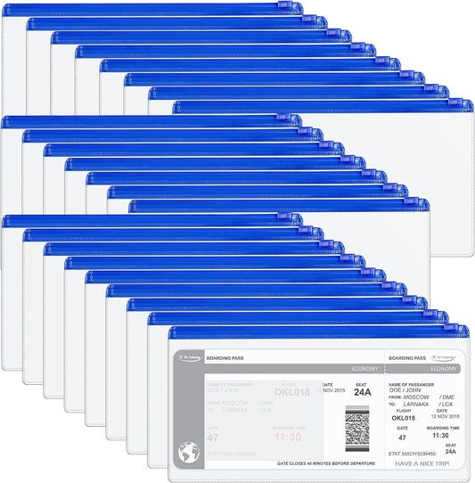 Marspark 100 Pieces Clear Pencil Case Zipper Envelope Bulk with Label Pocket Clear Plastic Envelopes with Zippered, A6 Pencil Bags for Cash, School Office Supplies, 9.2 x 4.7 Inches(Blue)