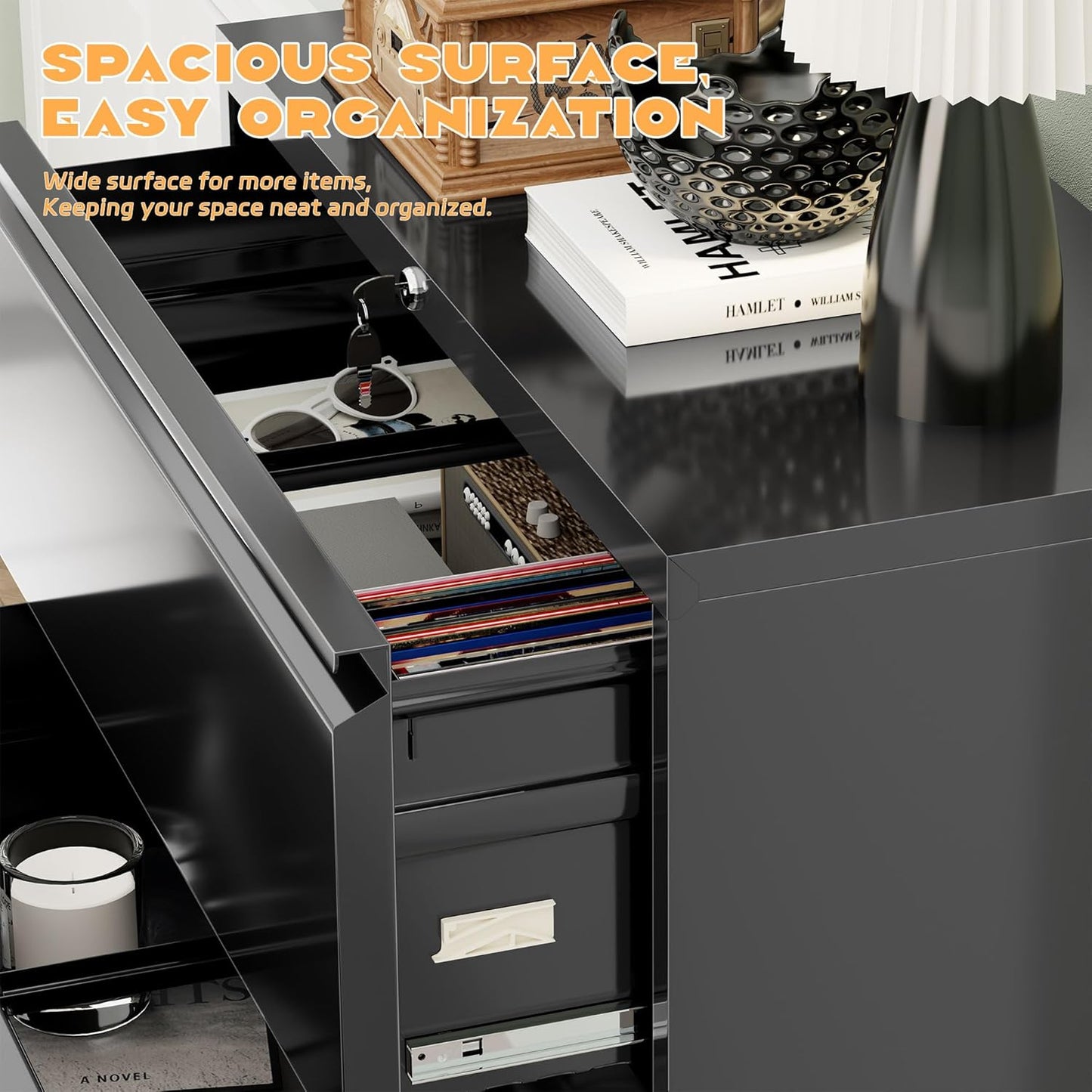 Superday Lateral File Cabinet 4 Drawer Metal File Cabinet with Lock, Black Filing Cabinets for Home Office, Locking Filing Cabinets Hanging Files Letter/Legal/F4/A4