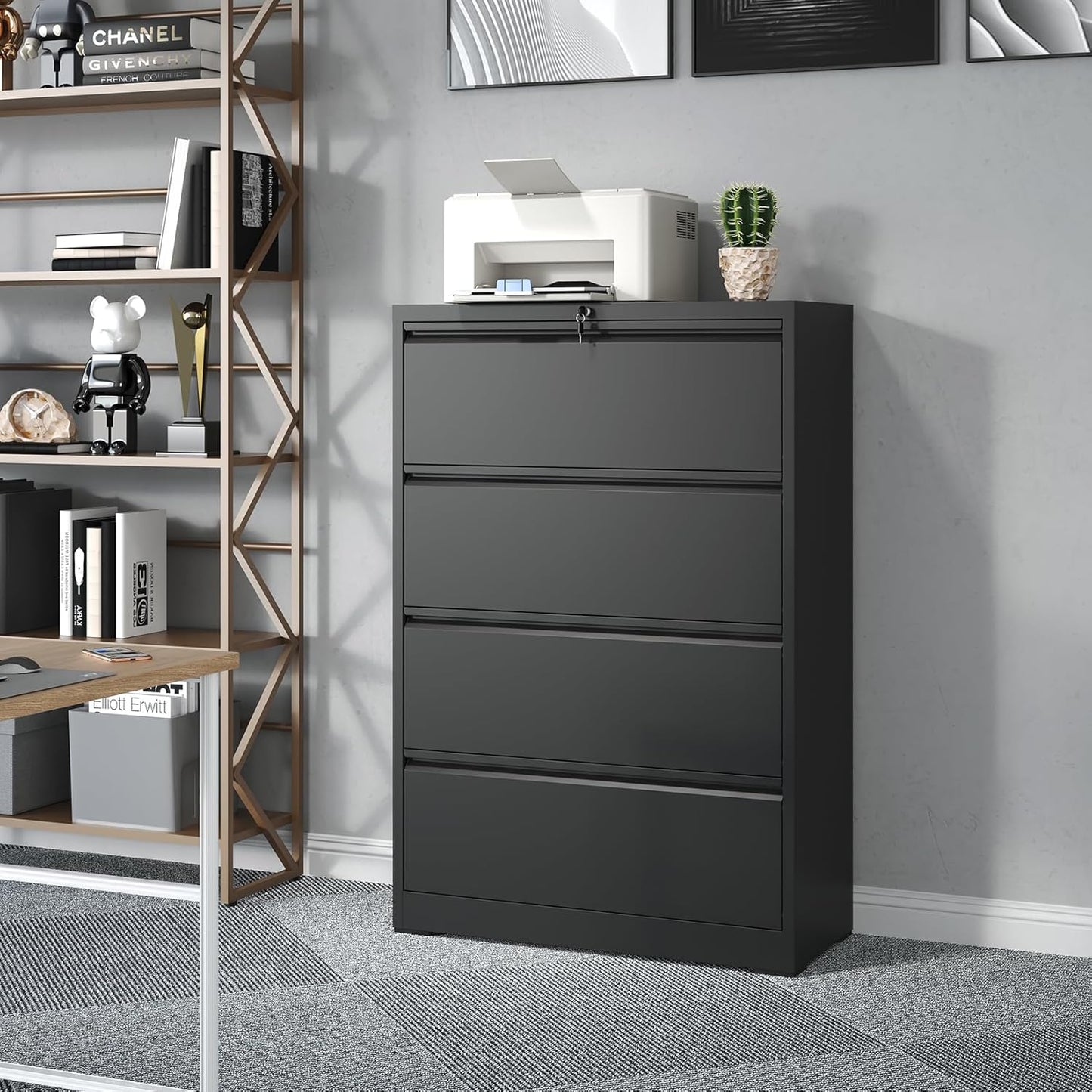 4 Drawer Lateral File Cabinet with Lock, Metal Lateral Filing Cabinet for Home Office, Steel Wide Horizontal Filing Cabinets for Letter/Legal/A4/F4 Hanging Files (Black)