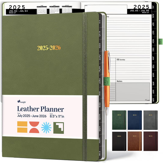 Ensight 2025-2026 HARDCOVER Leather Planner Weekly & Monthly - 8.5x11 Inches - Academic Planner Business Personal or Student - Pen Holder, Thick Paper, July 2025 - June 2026 (Olive Green)