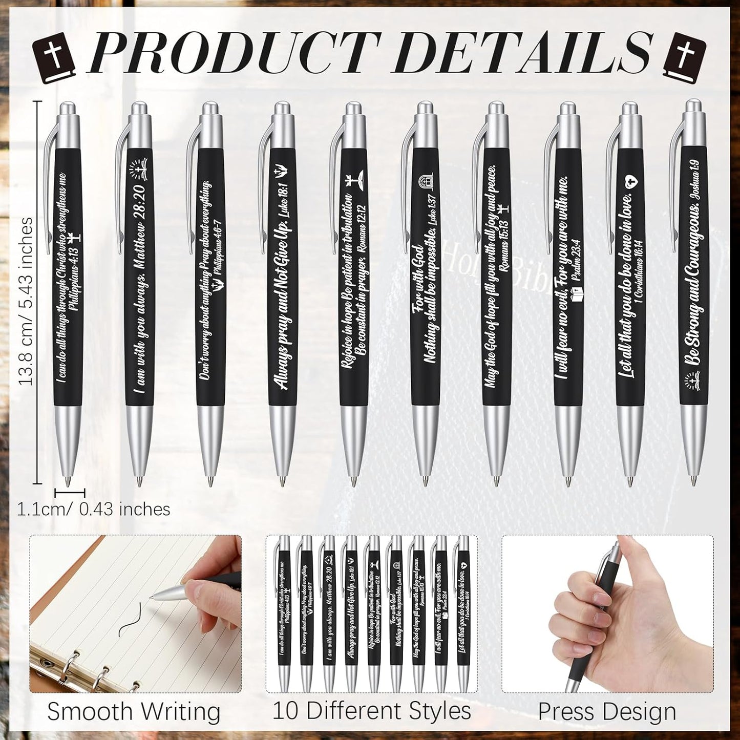 Yeaqee 100 Pcs Inspirational Pens Employee Appreciation Back to School Gifts Motivational Thank You Metal Greeting Quote Ballpoint Pen for Coworker Teacher(Black,Biblical)