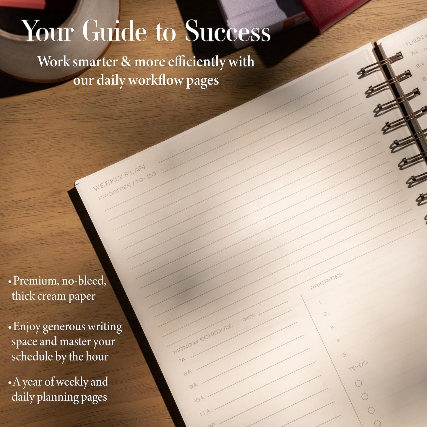 Anecdote Planner 2025 (8.5" x 10") Spiral Notebook - 2025 Daily Planner Weekly and Monthly - Features a Library Buckram Cover, Brass and A4 Size Bleed-Resistant Paper - Organize All 52 Weeks. Start Anytime – Black